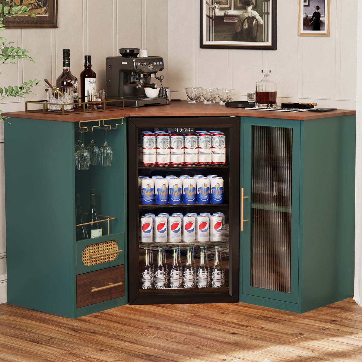 HLR Modern Corner Bar Cabinets with Mini Fridge Space, Wine Glass Rack, Storage Drawers, Green