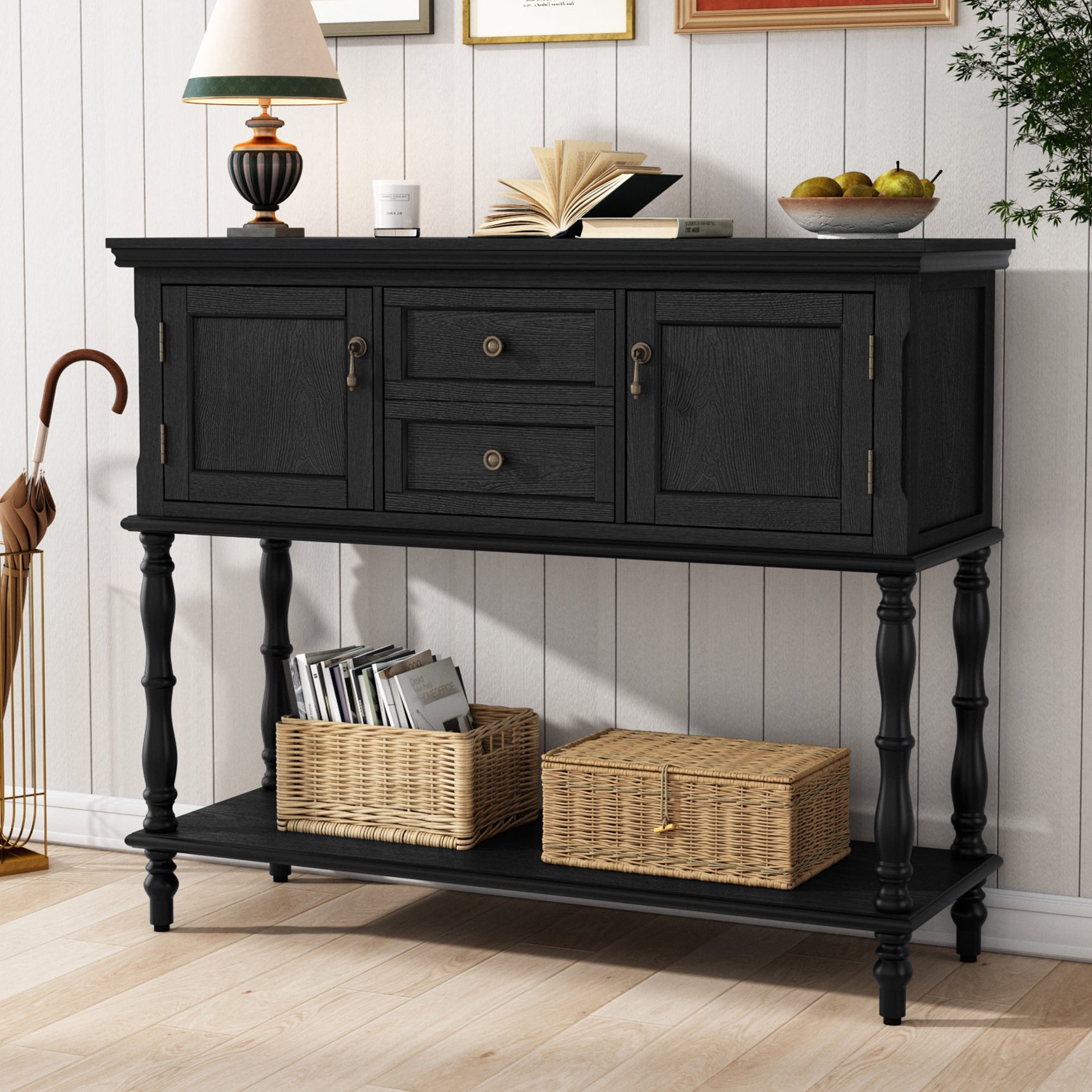 HLR 42" Farmhouse Modern Console Table, Entryway Table with Storage Shelf for Living Room, Black