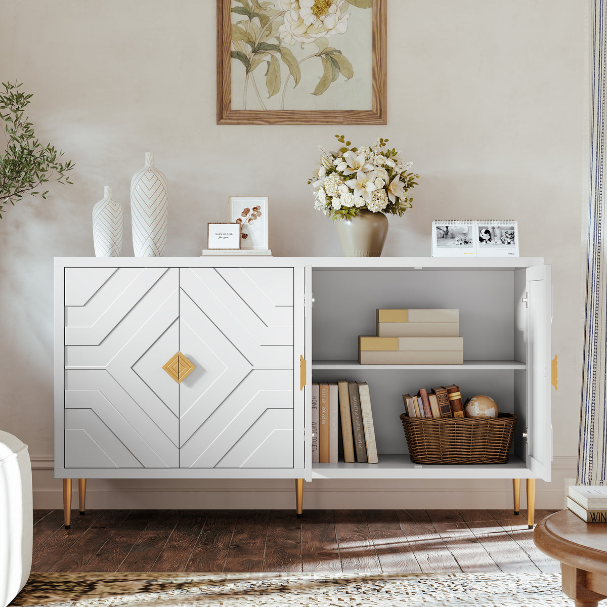 HLR 58" Modern Accent Sideboard Cabinet, 4 Doors, Adjustable Shelves, Fluted Storage Cabinet, White