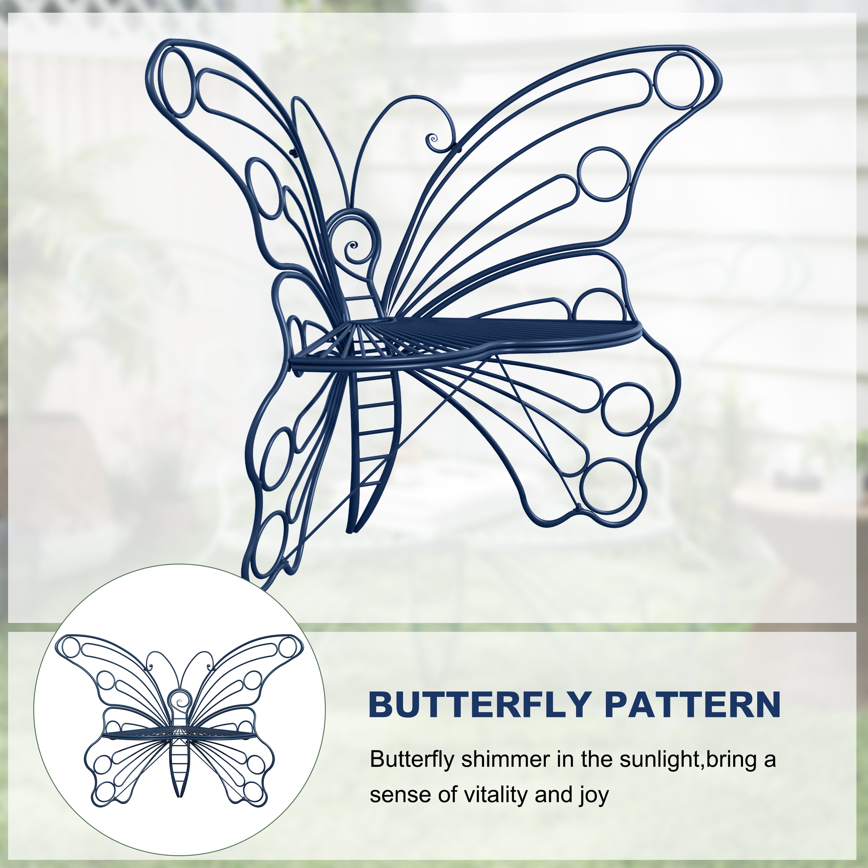 CBJCBJ 50" Weatherproof Outdoor Patio Bench，Metal Butterfly Design for Garden and Lawn Porch， Navy