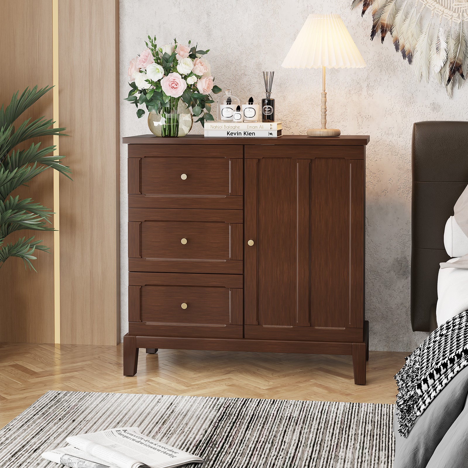 HLR Modern 32"W Accent Cabinet 3 Drawers & Door, Wood Sideboard with Storage for Living Room, Brown