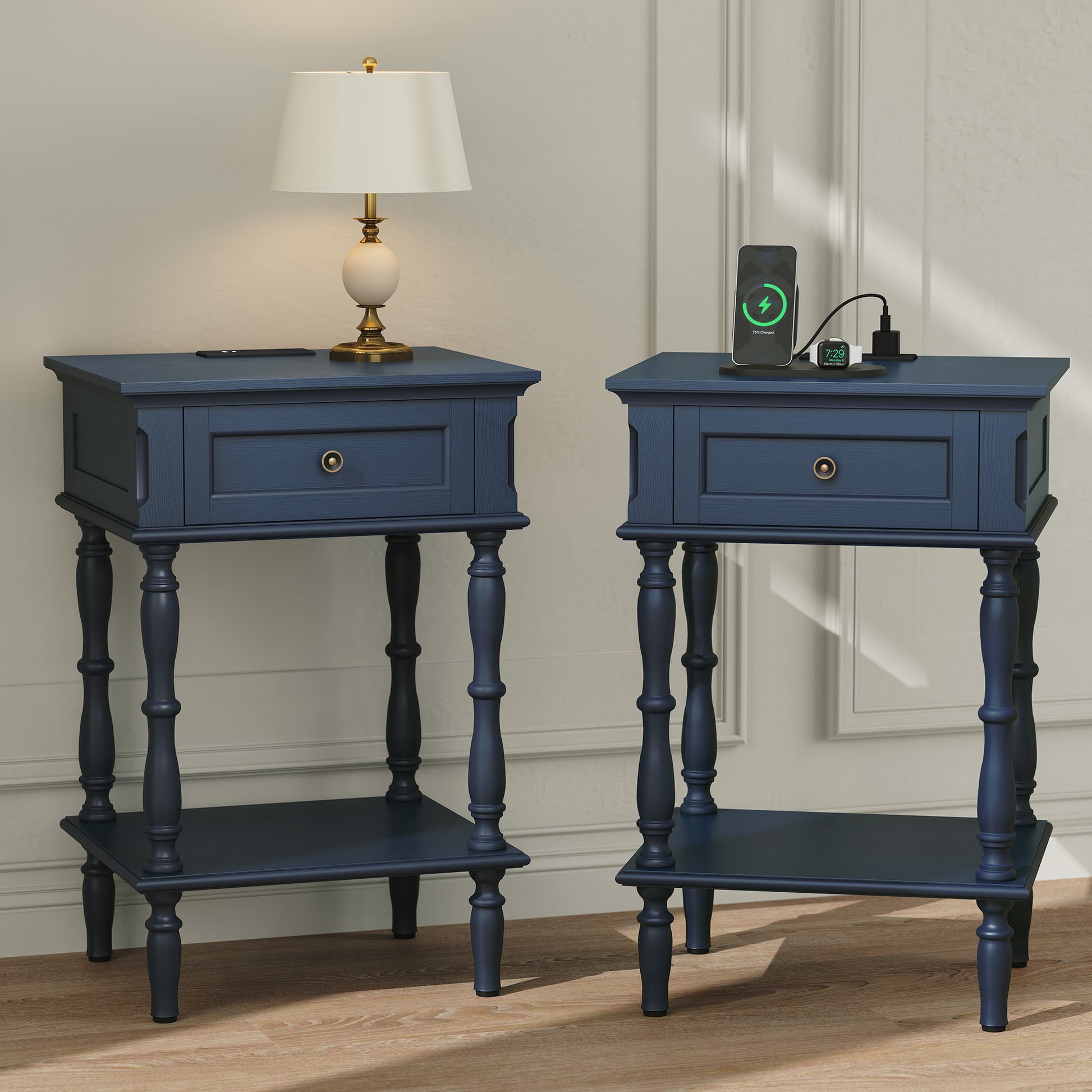 CBJCBJ Modern Minimal Assembly Nightstands Set of 2, Side Table with Drawer and Socket, for Bedroom, Living Room,Blue