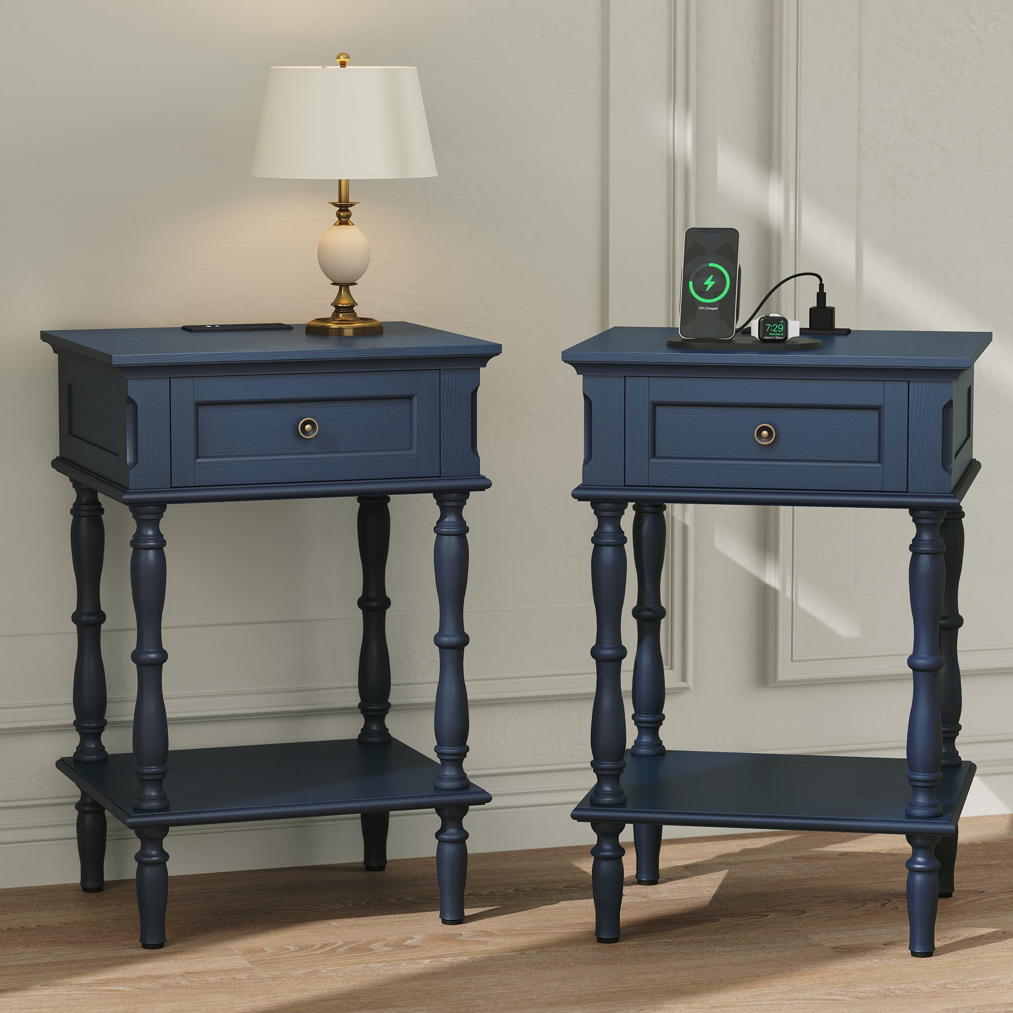 CBJCBJ Modern Minimal Assembly Nightstands Set of 2, Side Table with Drawer and Socket, for Bedroom, Living Room,Blue