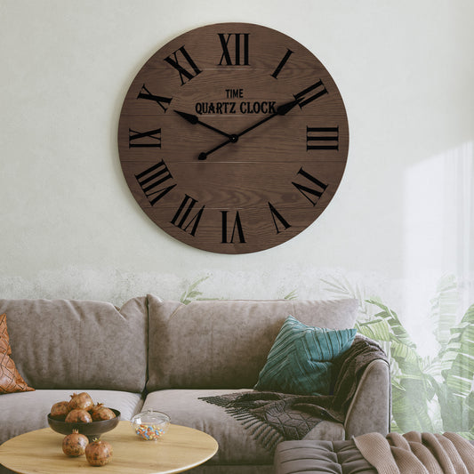 CBJCBJ 35.5” Farmhouse Large Shiplap Round Wall Clock with Roman Numeral for Living Room Decor, Brown