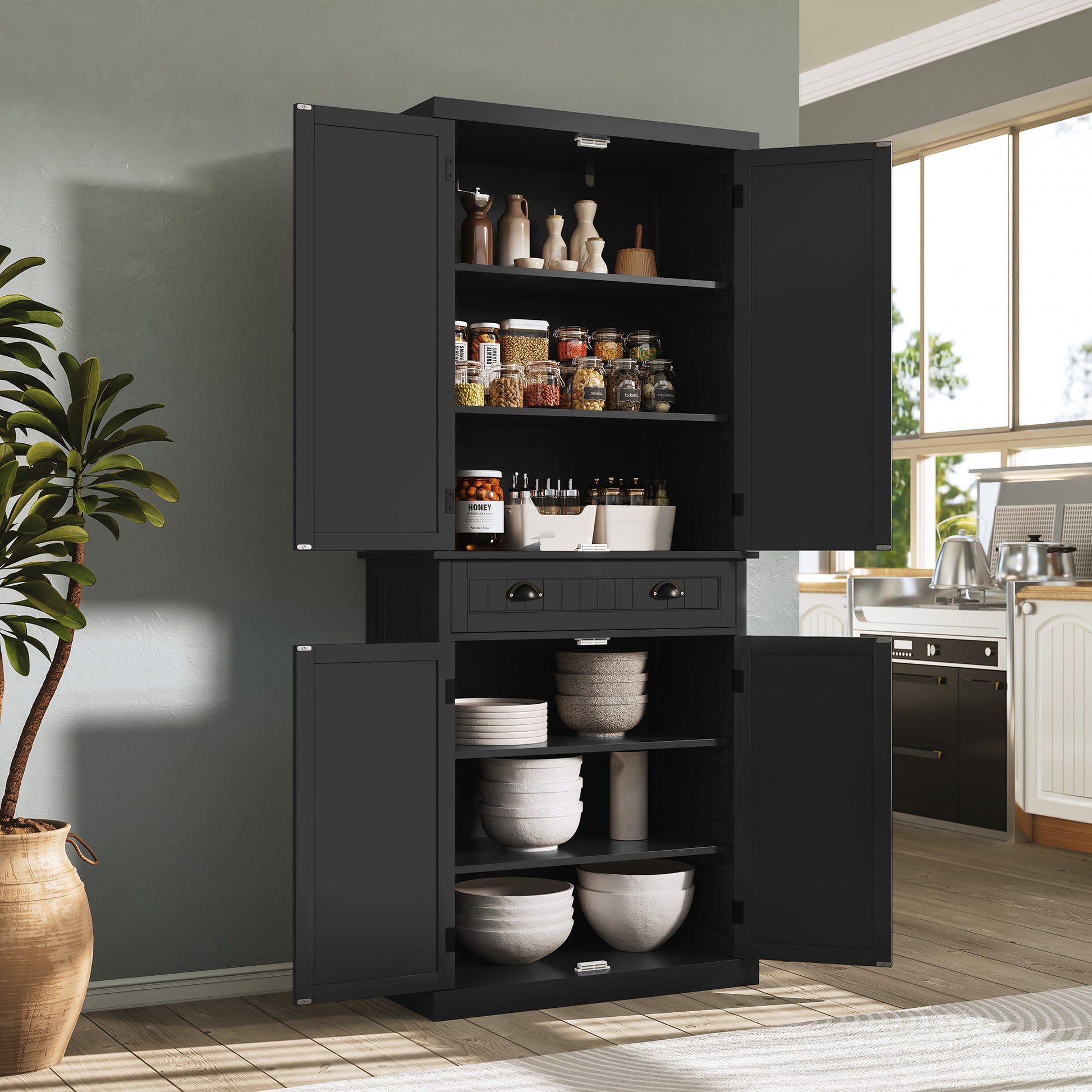 HLR Freestanding Durable Kitchen Pantry Storage Cabinet with Adjustable Shelves, Black