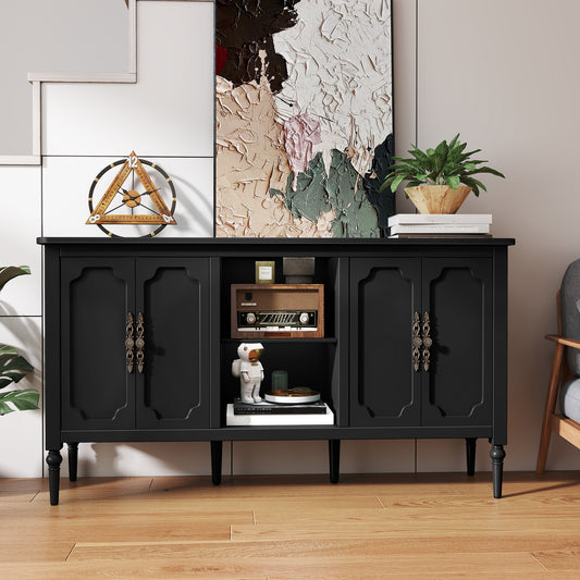 HLR 59" Mid Century Modern Storage Cabinet with Shelf, Vintage Large Sideboard Buffet Cabinet with 4 Doors, Black