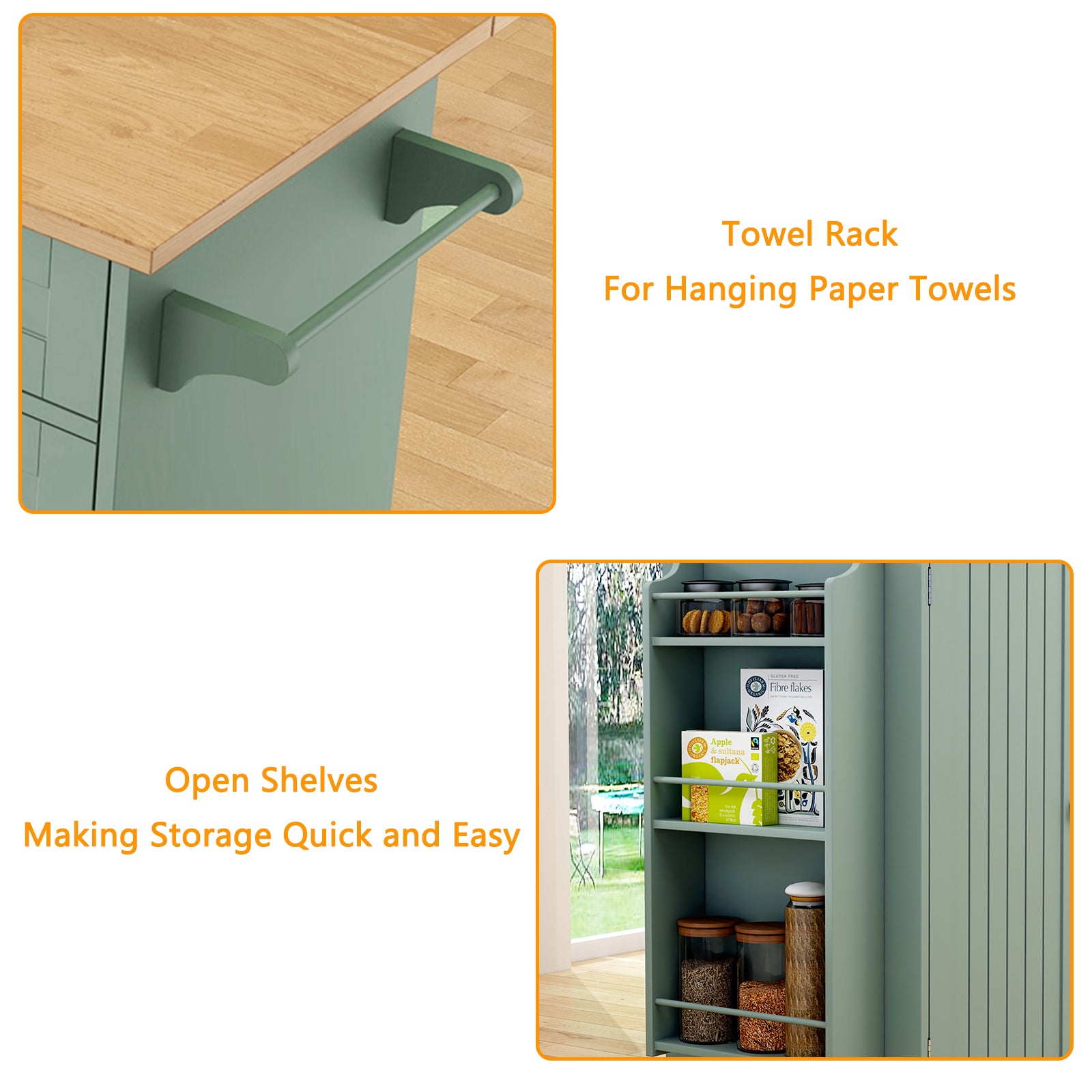HLR 50.39" Kitchen Island with Storage, Wood Top Cart with Drop Leaf and Wheels, Green