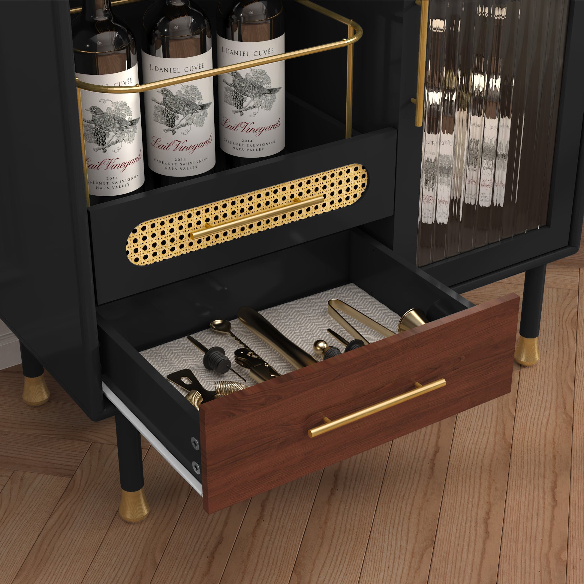 HLR 31.5"W Modern Wine Storage Cabinet with Pull-Out Rack & Tempered Glass Doors – Compact Coffee Bar for Kitchen, Dining Room, Apartmen, Black