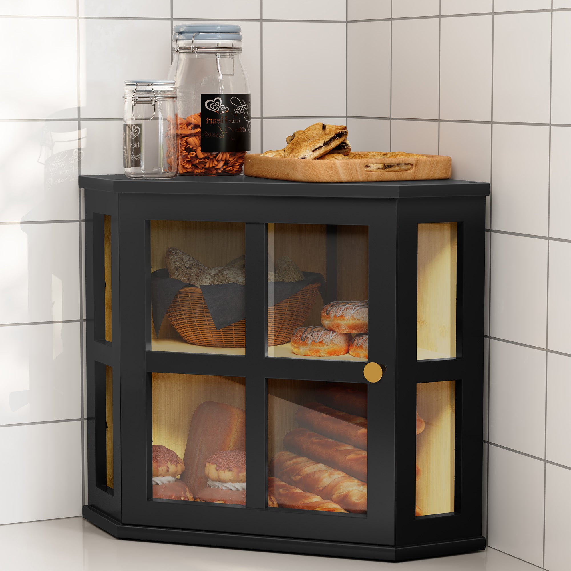 CBJCBJ Bamboo Bread Box, 2-Tier Countertop Storage Rack, Modern Retro Pantry Decor,Black