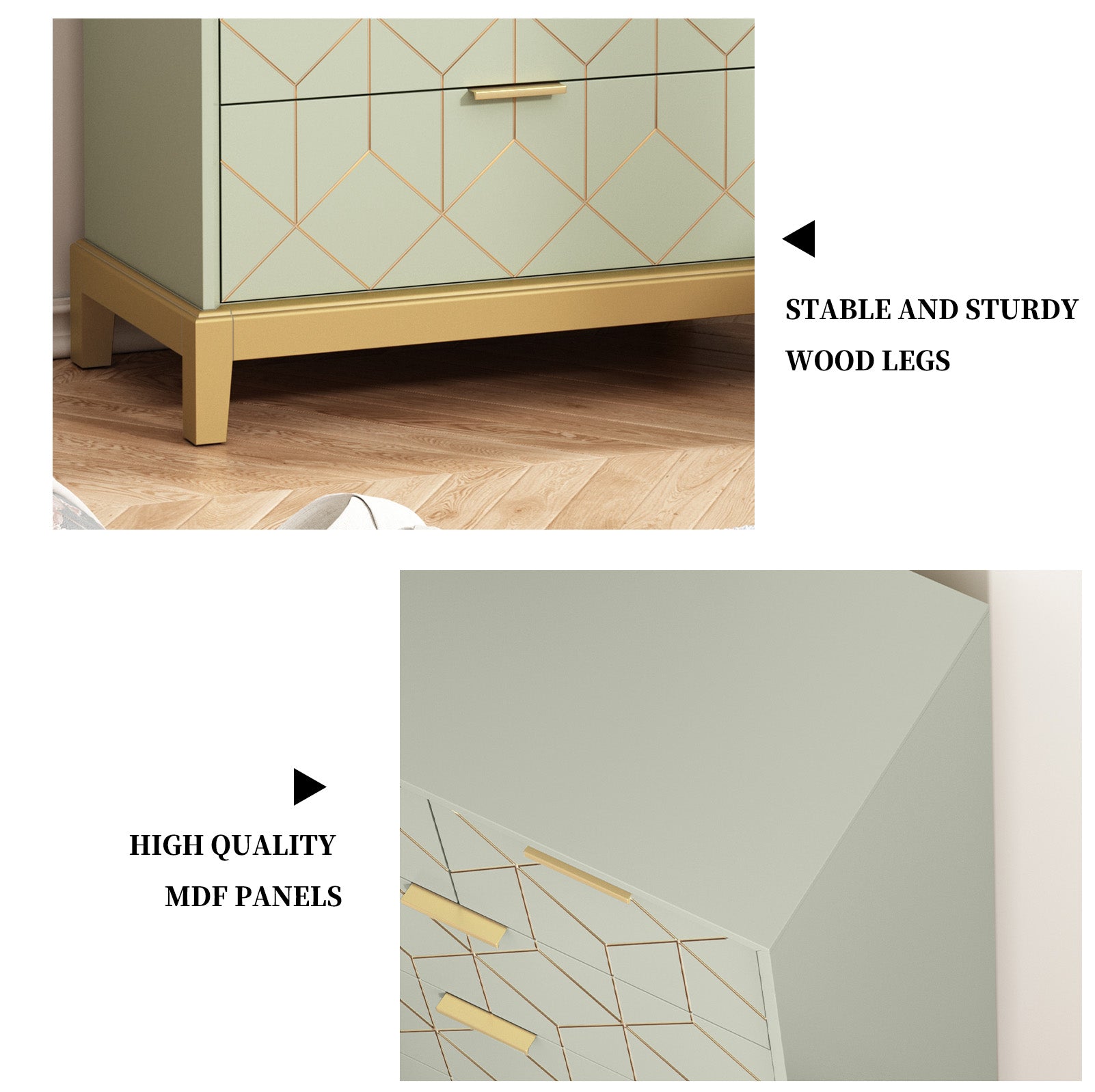 CBJCBJ 45"H Wood Gold Lines Green Dressers Chest of Drawers with 6 Drawers for Bedroom, Entryway