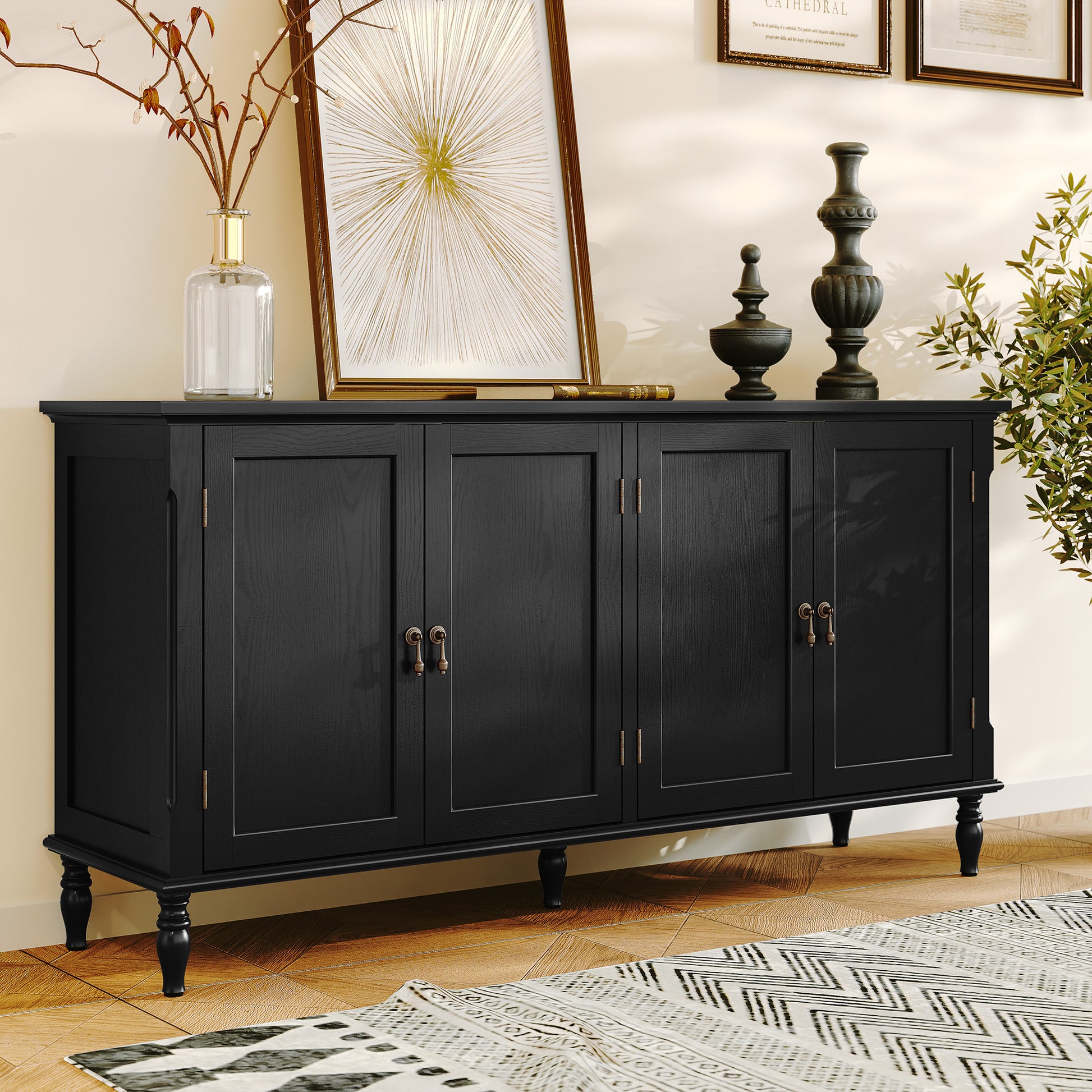 HLR 58'' Large Sideboard Buffet Cabinet with Storage, 4 Doors Modern Credenza Table for Living Room, Black