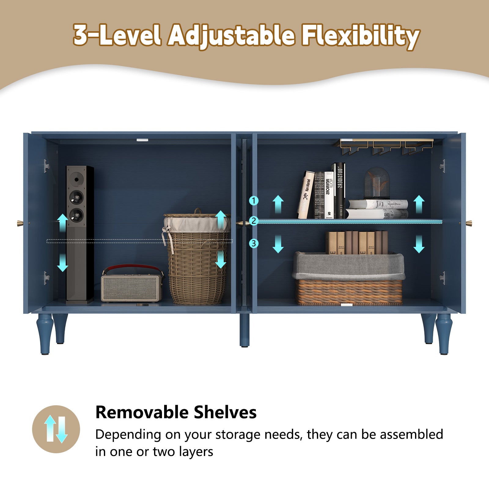 CBJCBJ Mid-Century 58'' Wood 4 Door Sideboard Buffet Cabinet for Living Dining & Bedroom, Blue