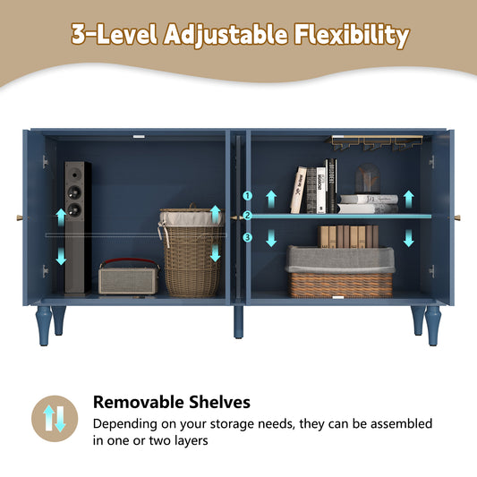 CBJCBJ Mid-Century 58'' Wood 4 Door Sideboard Buffet Cabinet for Living Dining & Bedroom, Blue