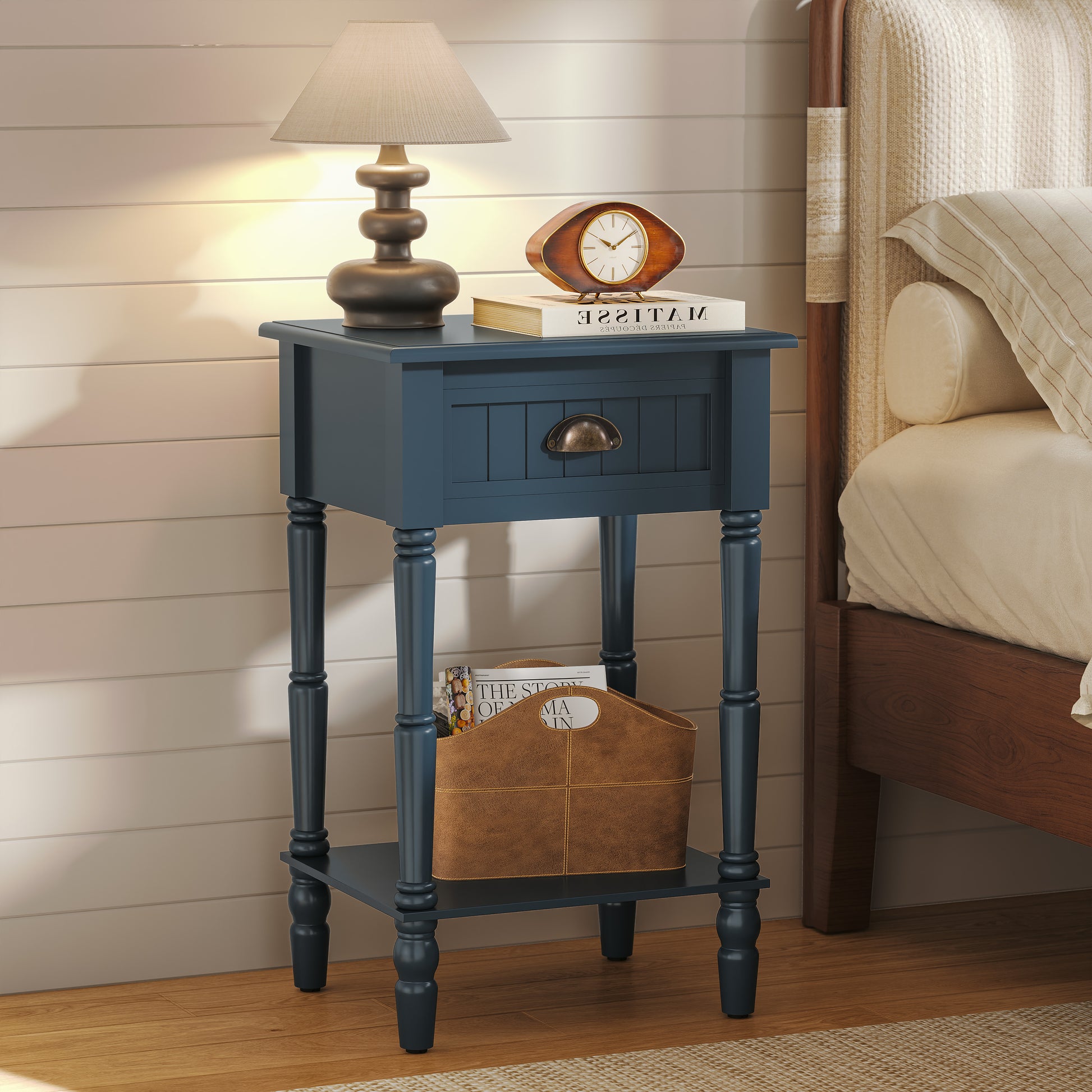 CBJCBJ 26.8"H Retro Nightstands, Side Table with Drawers and Open Shelves, for Bedrooms and Sofas,Blue
