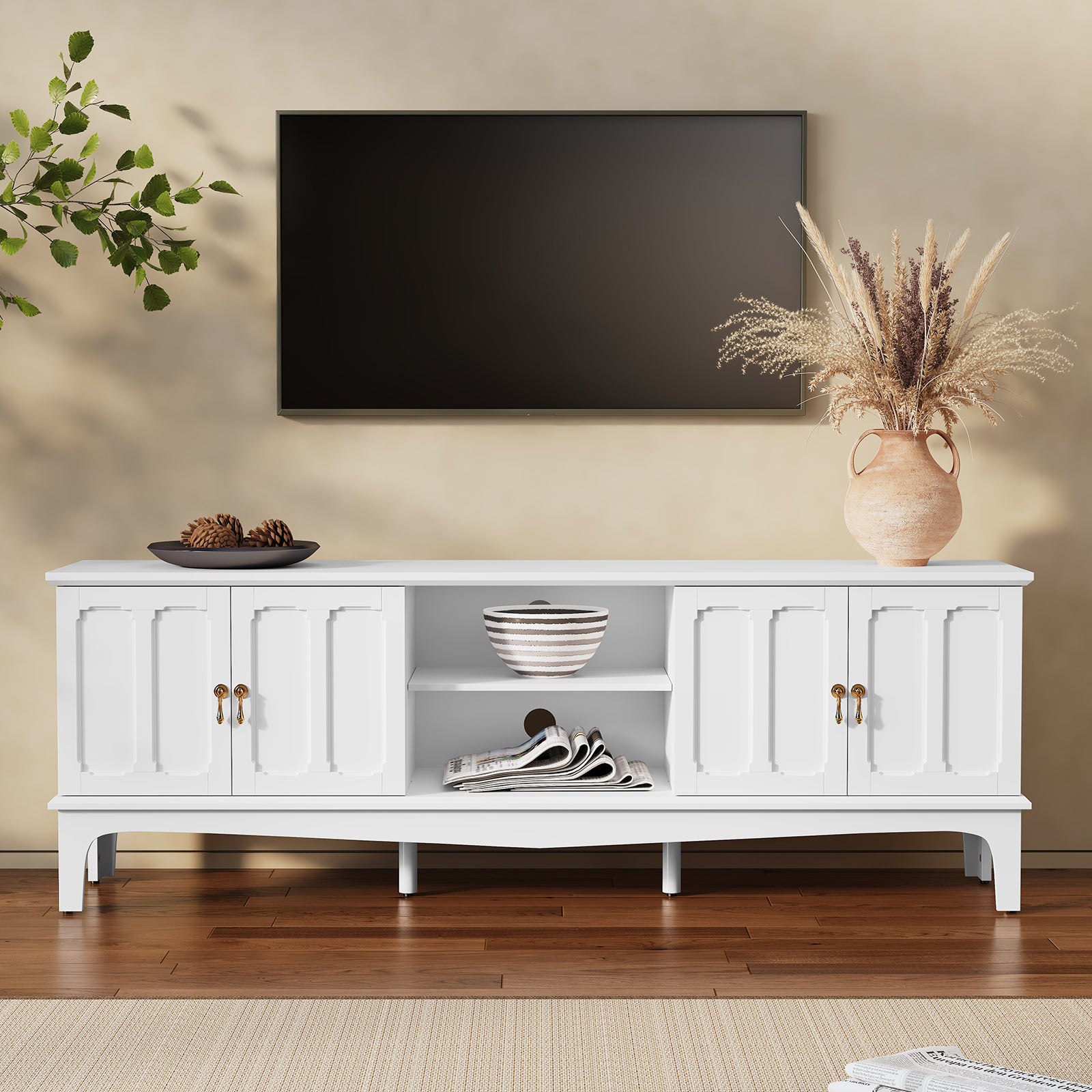 HLR Modern 67" TV Stand, for TVs up to 75", Entertainment Center with Curved Base for Living Room, White
