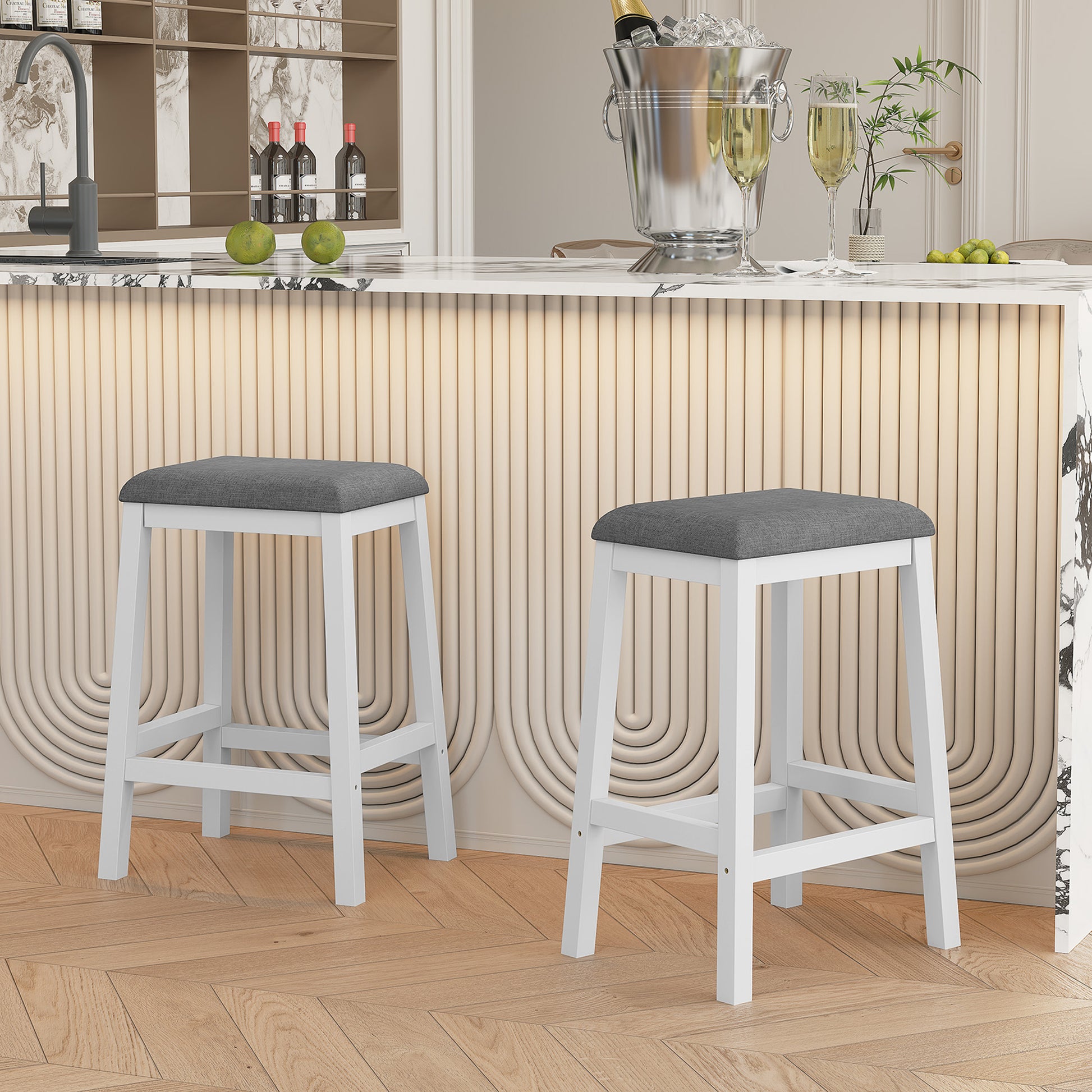 HLR 24.8" Bar Stools, Farmhouse Set of 2 Bar Chairs with Cushion for Kitchen, Dining Room, Cafe White