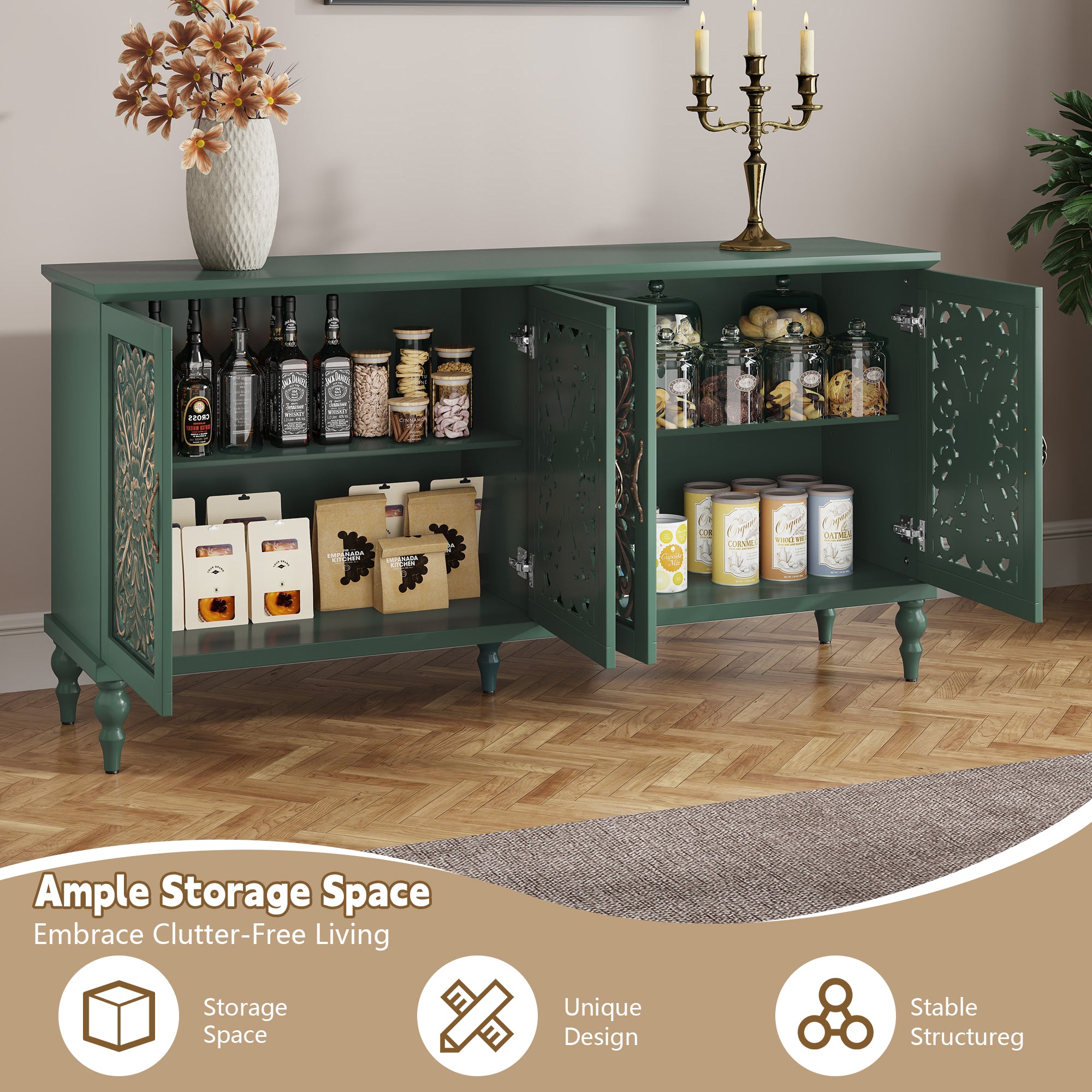 CBJCBJ Mid-Century Retro 62" Wood Openwork Carved 4 Door Sideboard Buffet Cabinet for Living Dining & Bedroom,Green