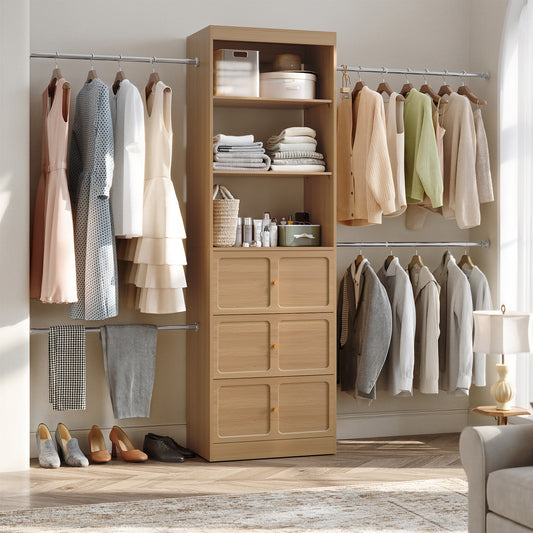 HLR Open Wardrobe Closet System with Adjustable Hanging Rods, Storage Cabinet with Drawers and Shelves,Brown