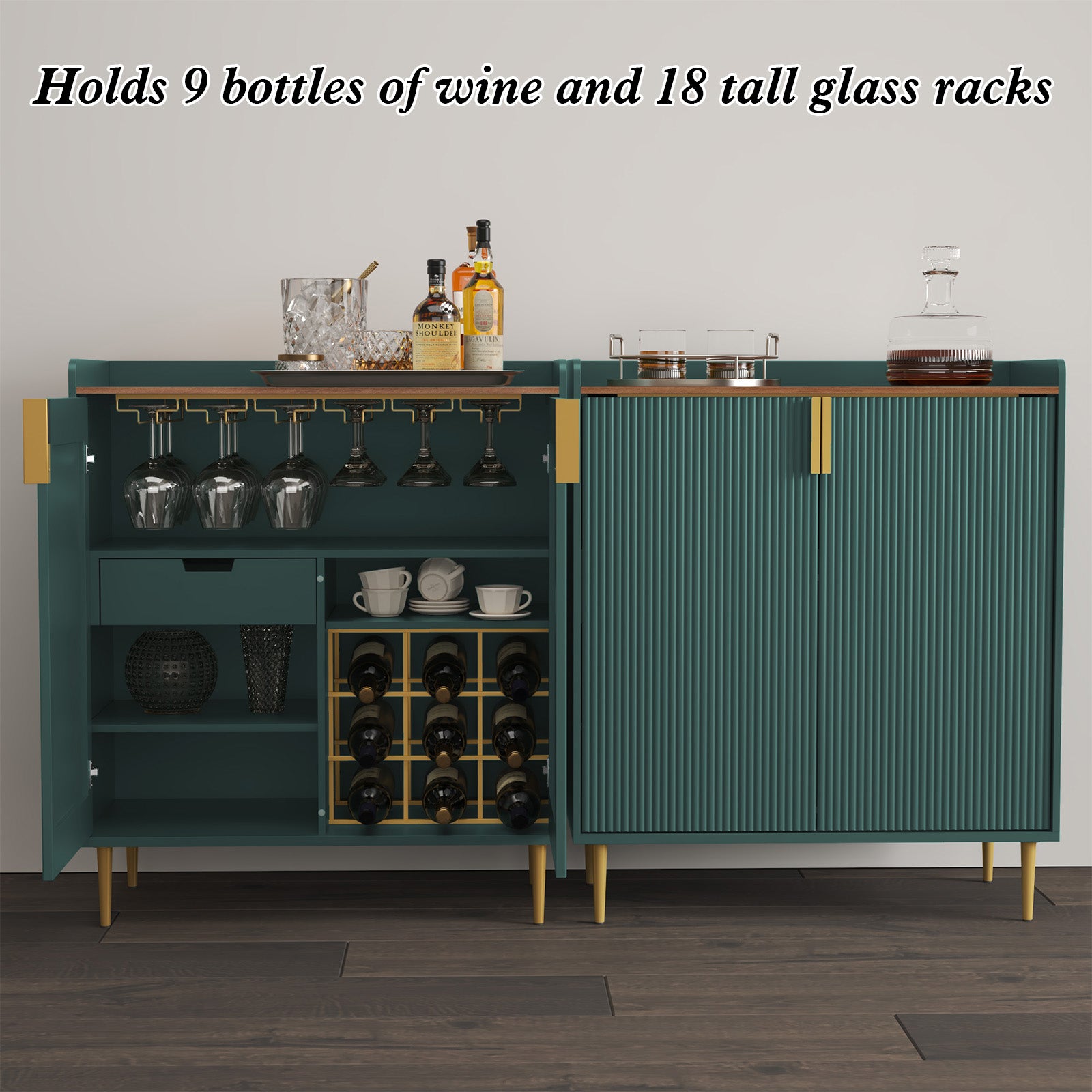 HLR 32"W Wine Bar Cabinet with 2 Door Fluted Texture, Modern Coffee Cabinet with Rack&Glass Holder, Green.