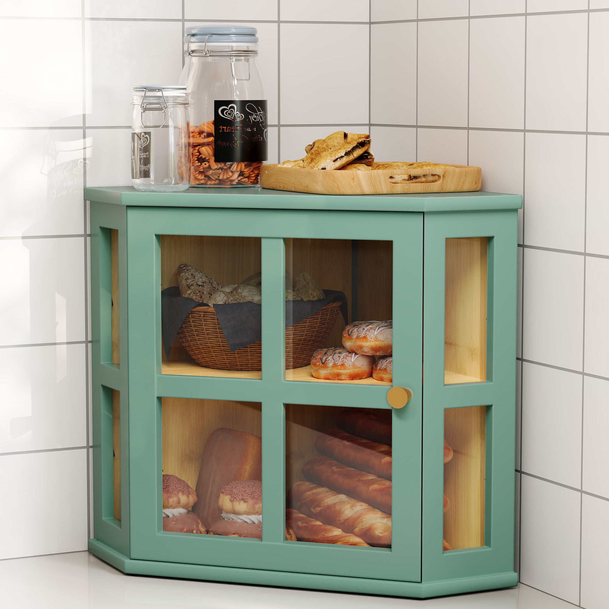 CBJCBJ Bamboo Bread Box, 2-Tier Countertop Storage Rack, Modern Retro Pantry Decor,Green