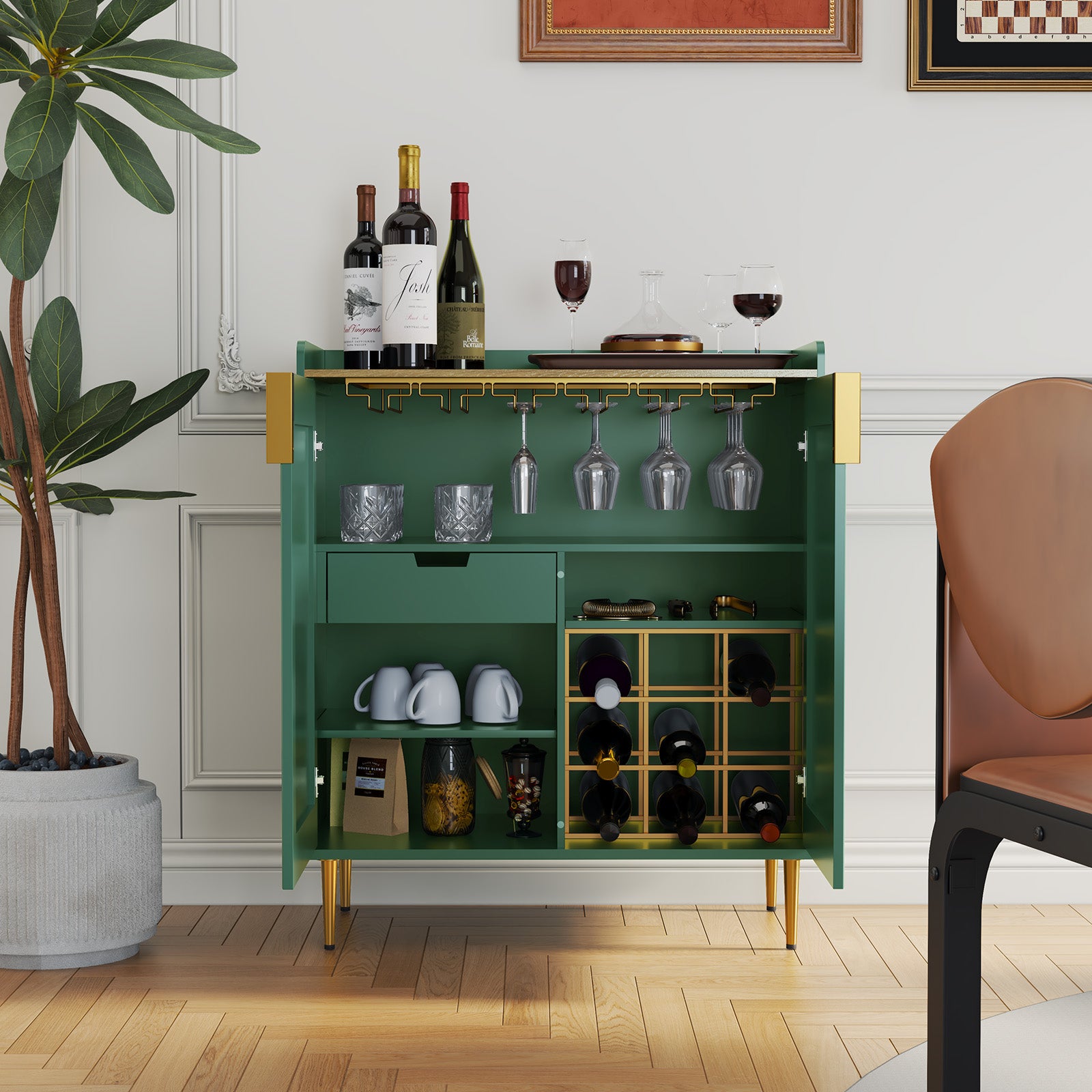 CBJCBJ 32" Wine Bar Cabinet with 2 Door Fluted Texture, Modern Coffee Cabinet with Rack&Glass Holder, , Green