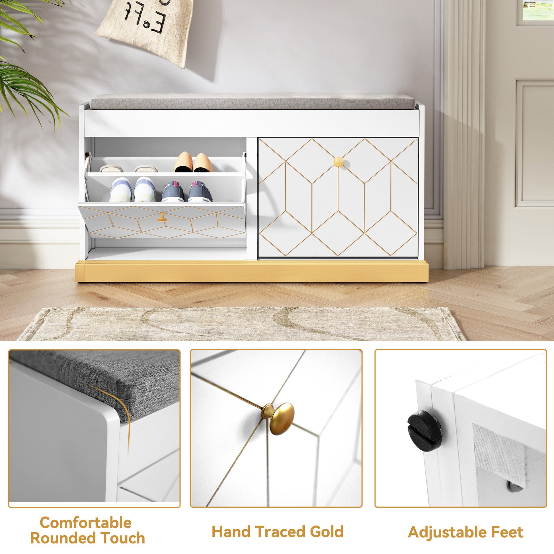 CBJCBJ 39"W Multifunction Suitable Shoe Bench with Soft Cushion and 2 Drawers for Entryway, White