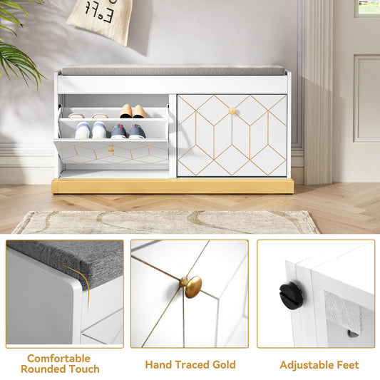 CBJCBJ 39"W Multifunction Suitable Shoe Bench with Soft Cushion and 2 Drawers for Entryway, White