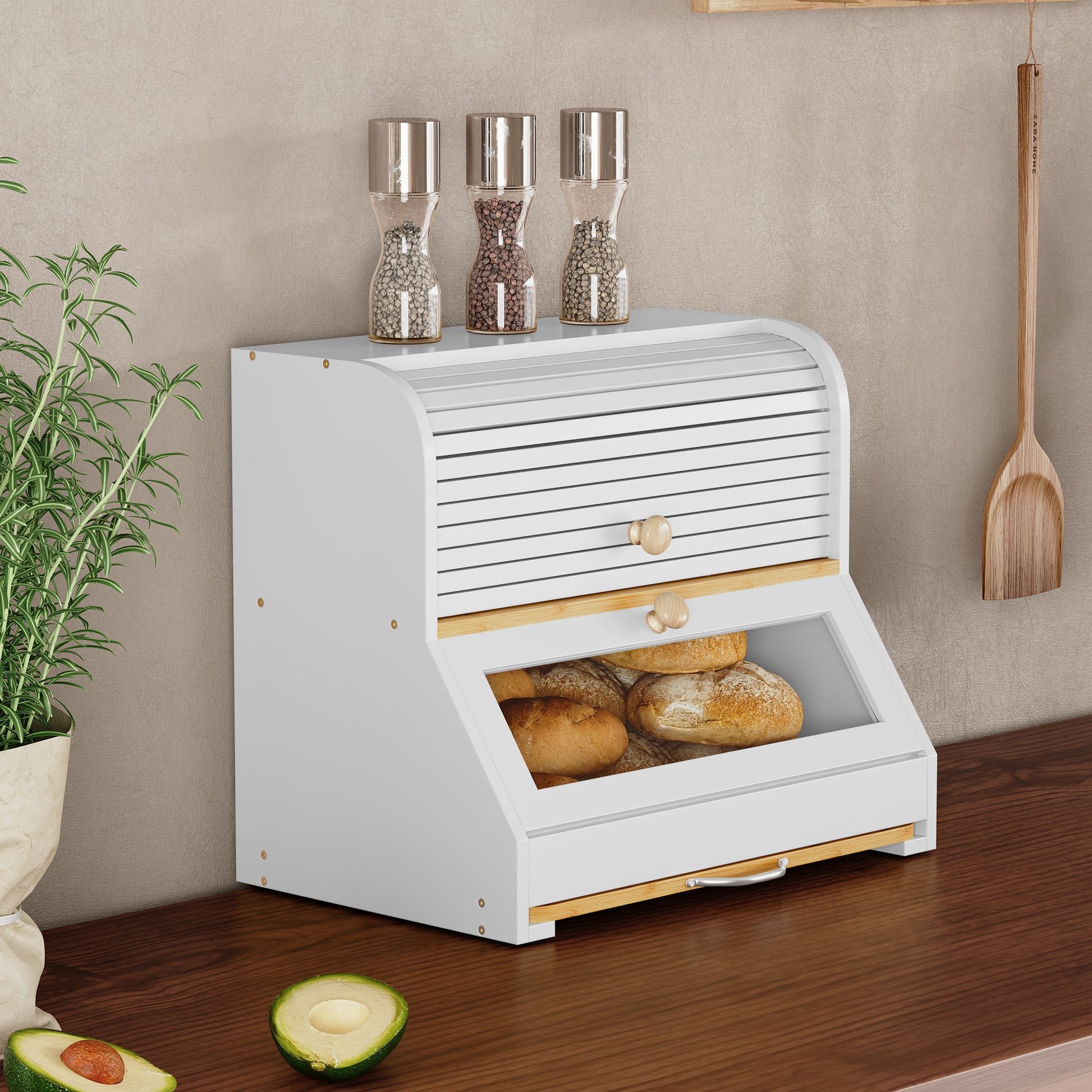 HLR Natural Bamboo Bread Box Kitchen Countertop with Cutting Board and Roll Top, White 2-Tier Large Wood Bread Bin