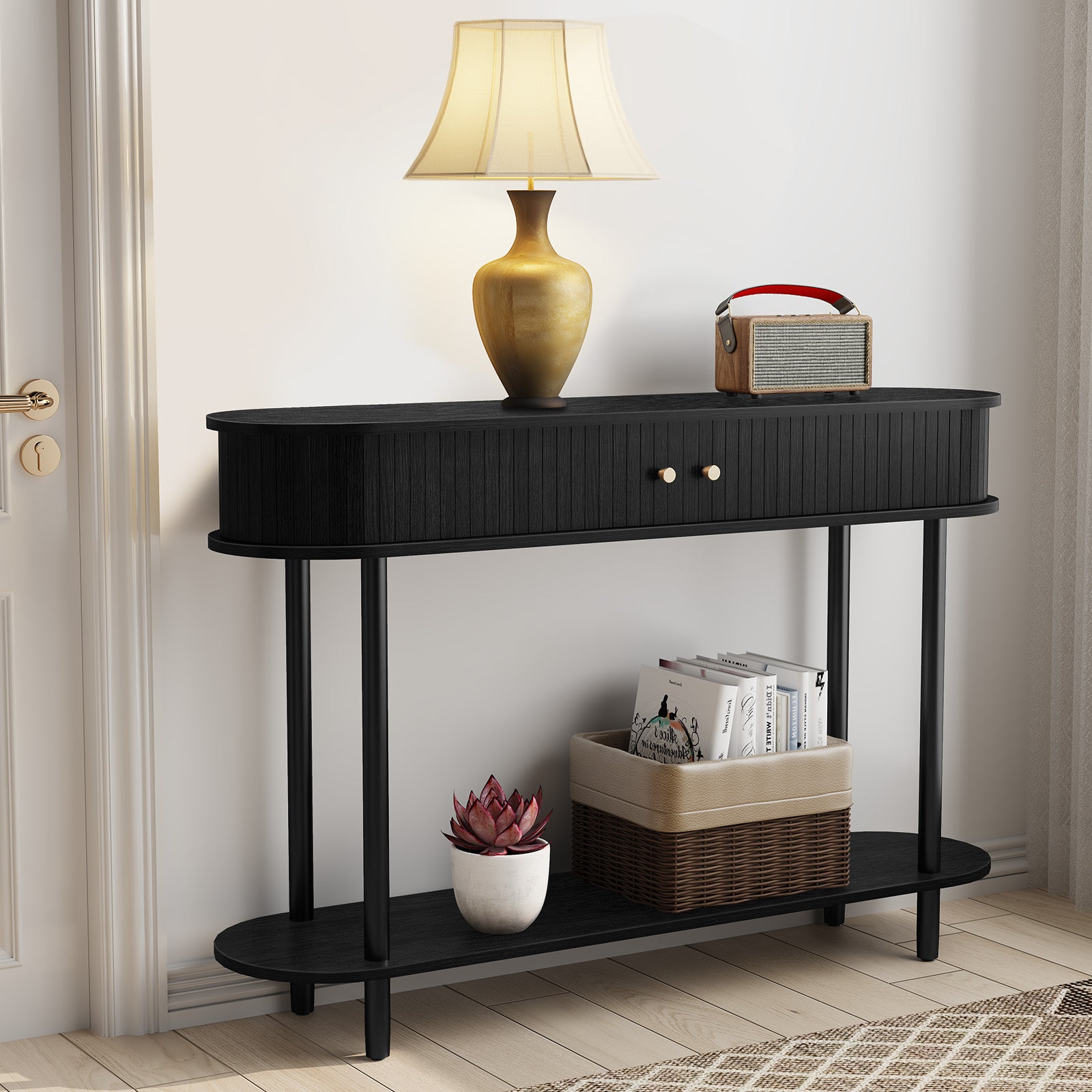 CBJCBJ 47.5" Console Modern Entryway Table with Wood Tambour Door Sofa Console &Storage Shelf for Hallway, Living Room（Black）