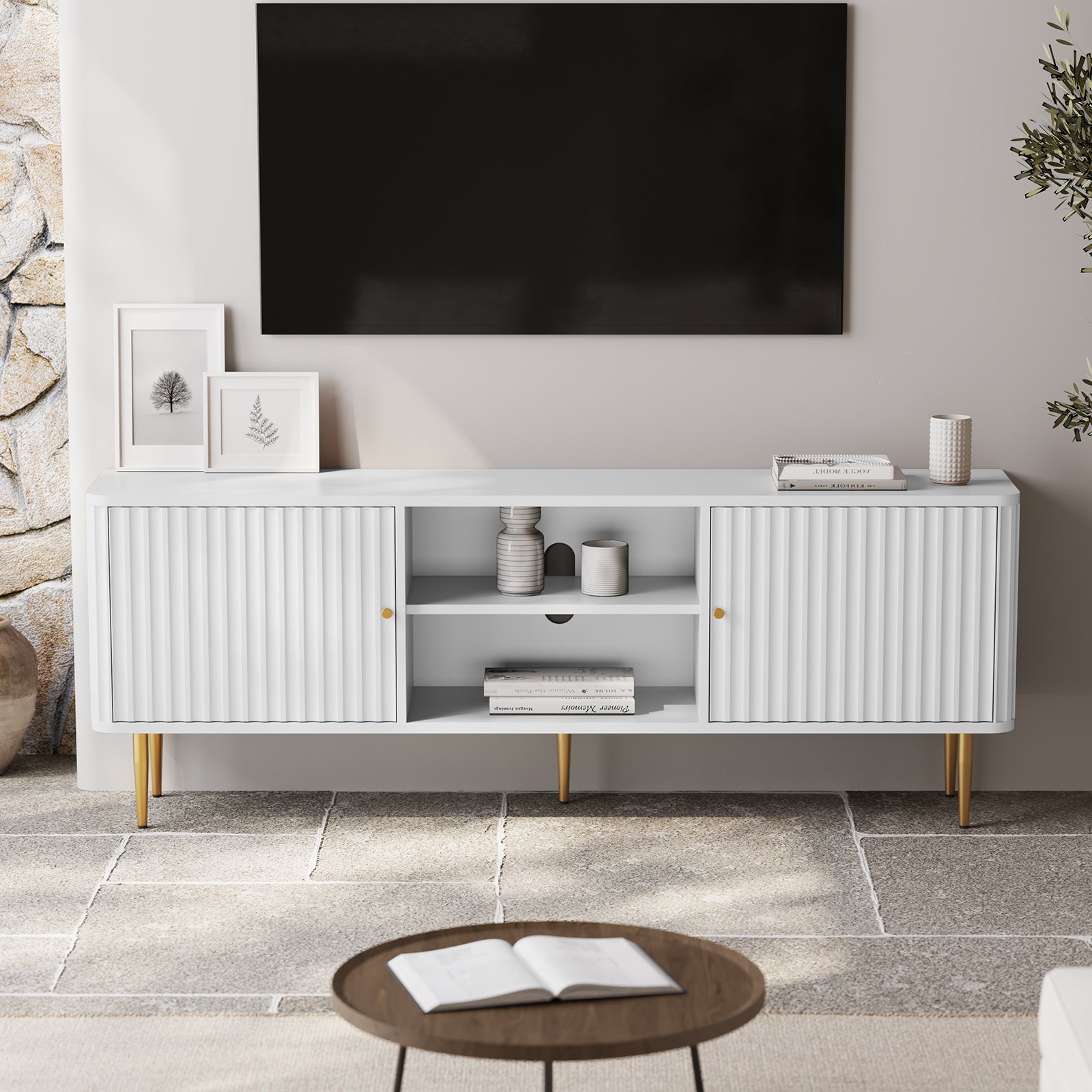 HLR 67 In Fluted TV Stand for TVs Up to 75 Inch, Mid Century Modern Entertainment Center with Storage, White