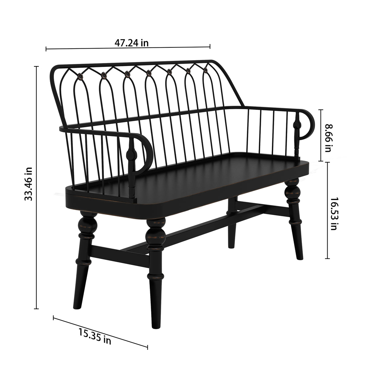 HLR Farmhouse Entryway Bench, Spindle Back Support Wood Dining Benches for Living Room, Mudroom, Black