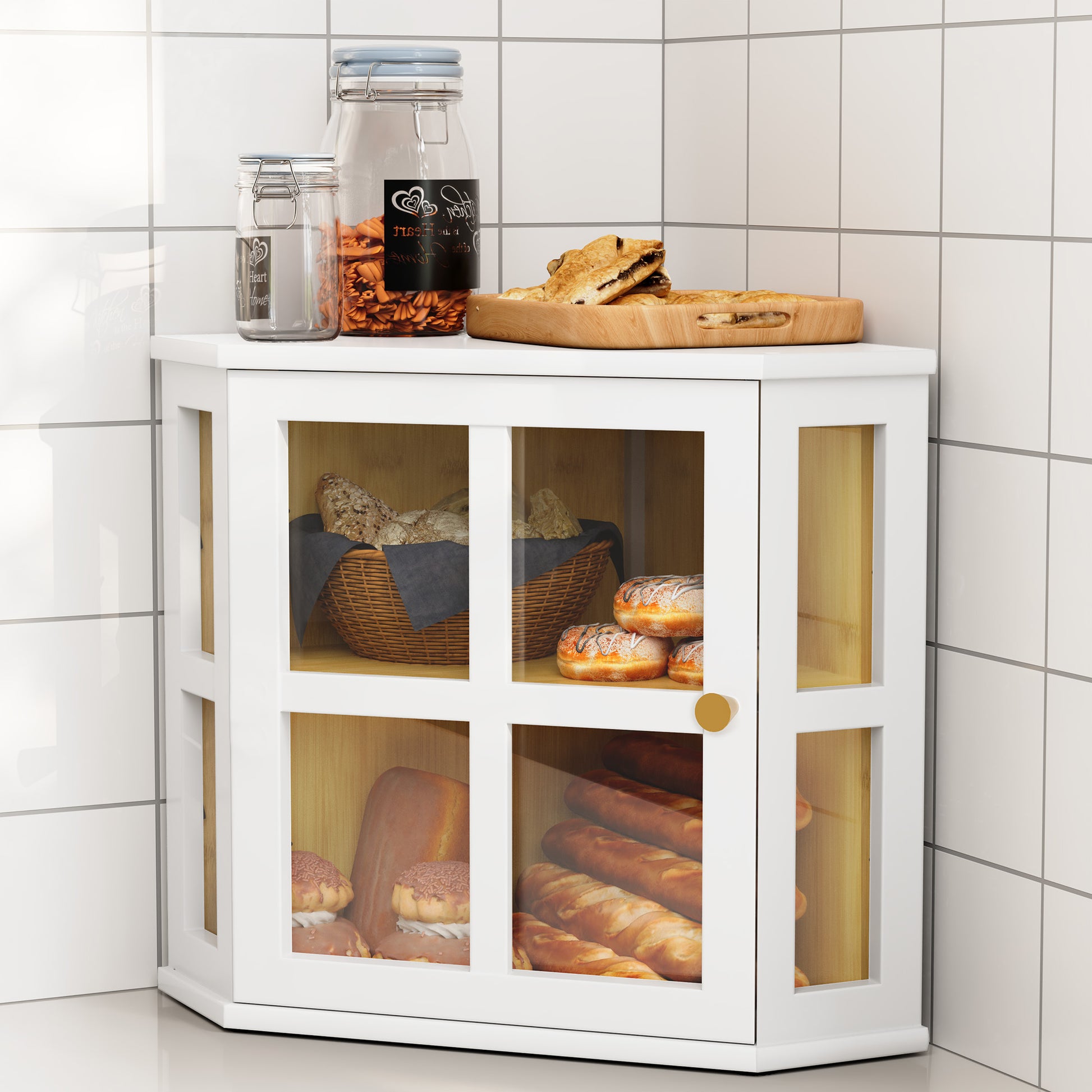 CBJCBJ Bamboo Bread Box, 2-Tier Countertop Storage Rack, Modern Retro Pantry Decor,White