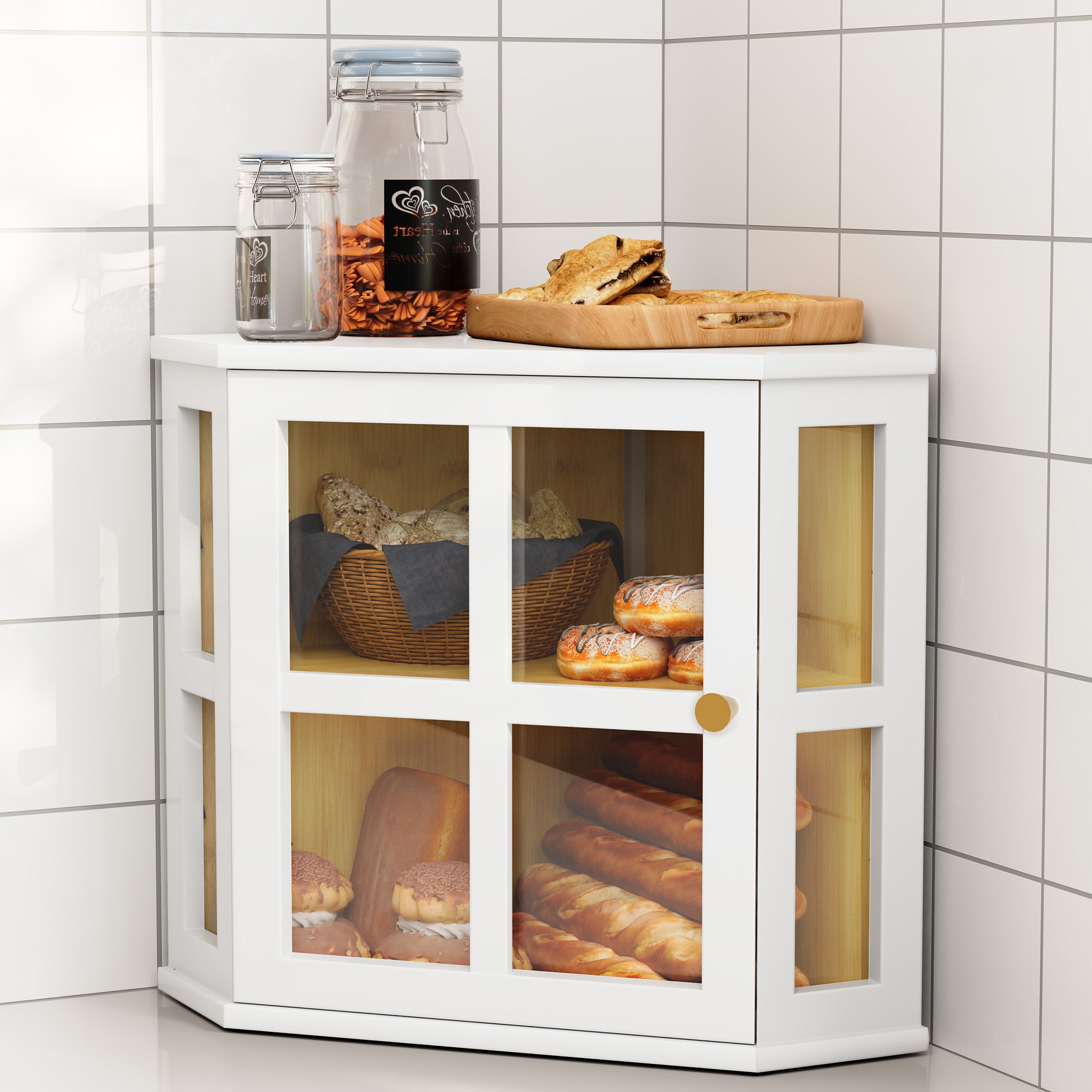 CBJCBJ Bamboo Bread Box, 2-Tier Countertop Storage Rack, Modern Retro Pantry Decor,White