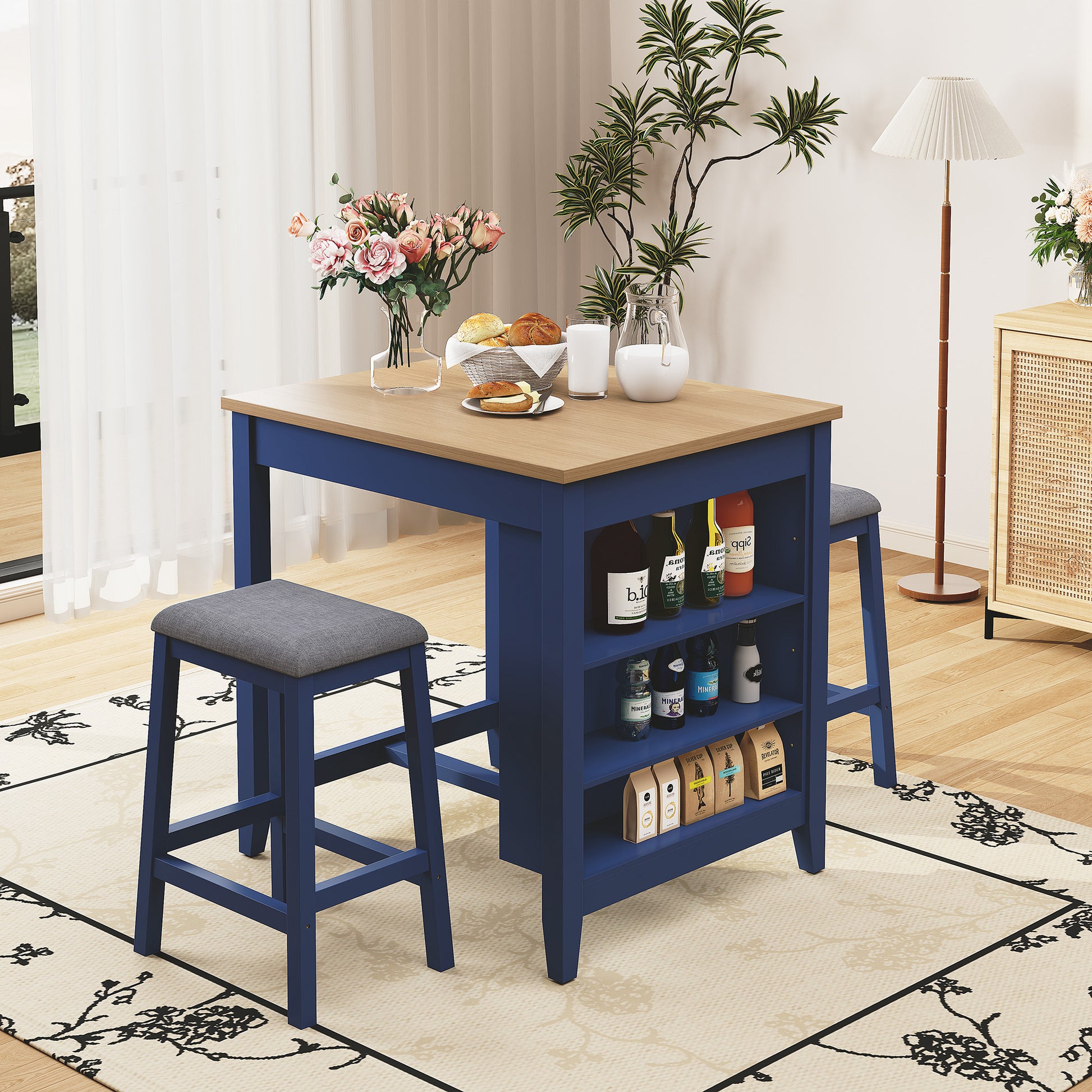 HLR Farmhouse Dining Table Set for 2, Small Kitchen Table Chairs Set of 2 with Tufted for Apartment, Blue