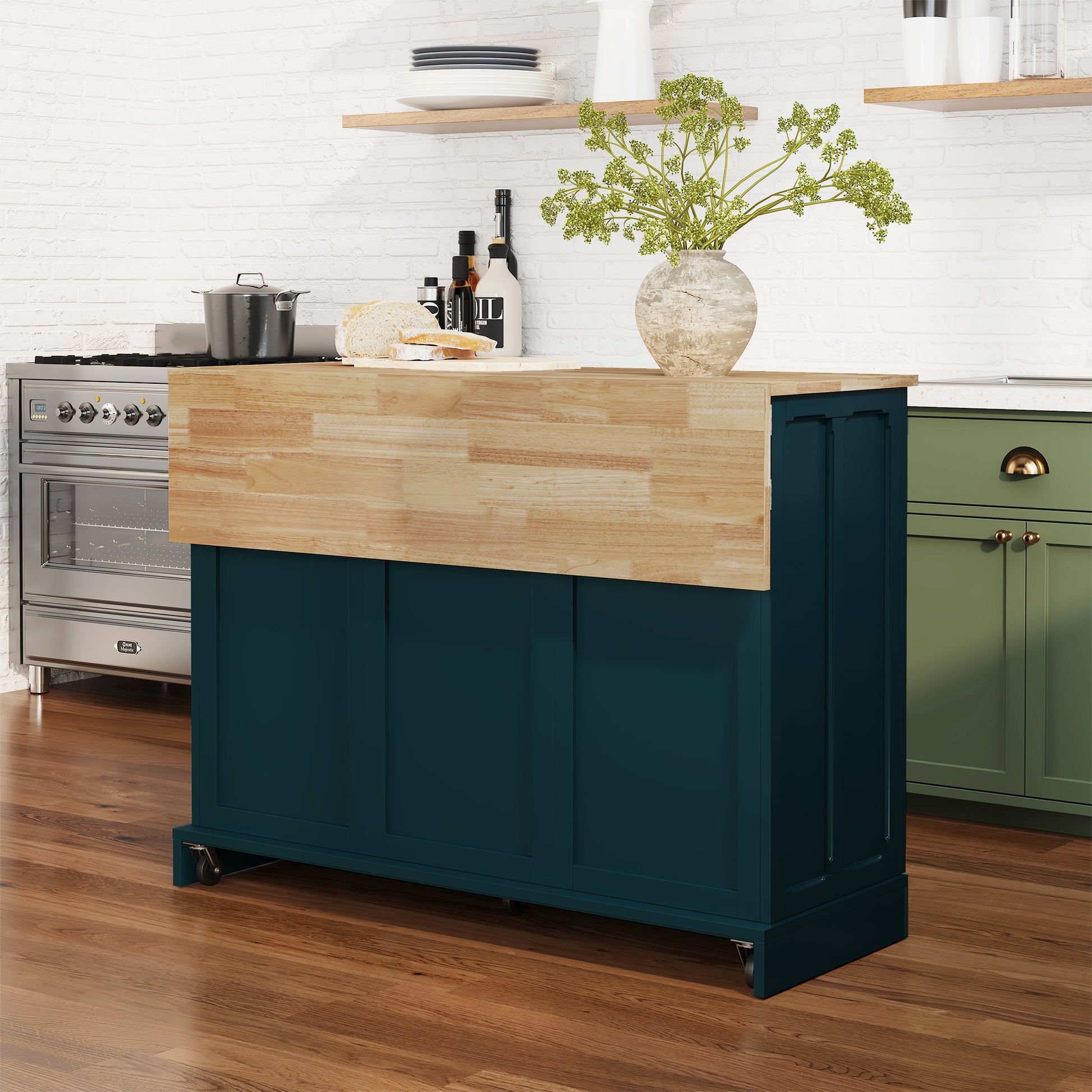 CBJCBJ 47.2" Modern Rolling Kitchen Island with Drop Leaf, Kitchen Cart with Storage, Green