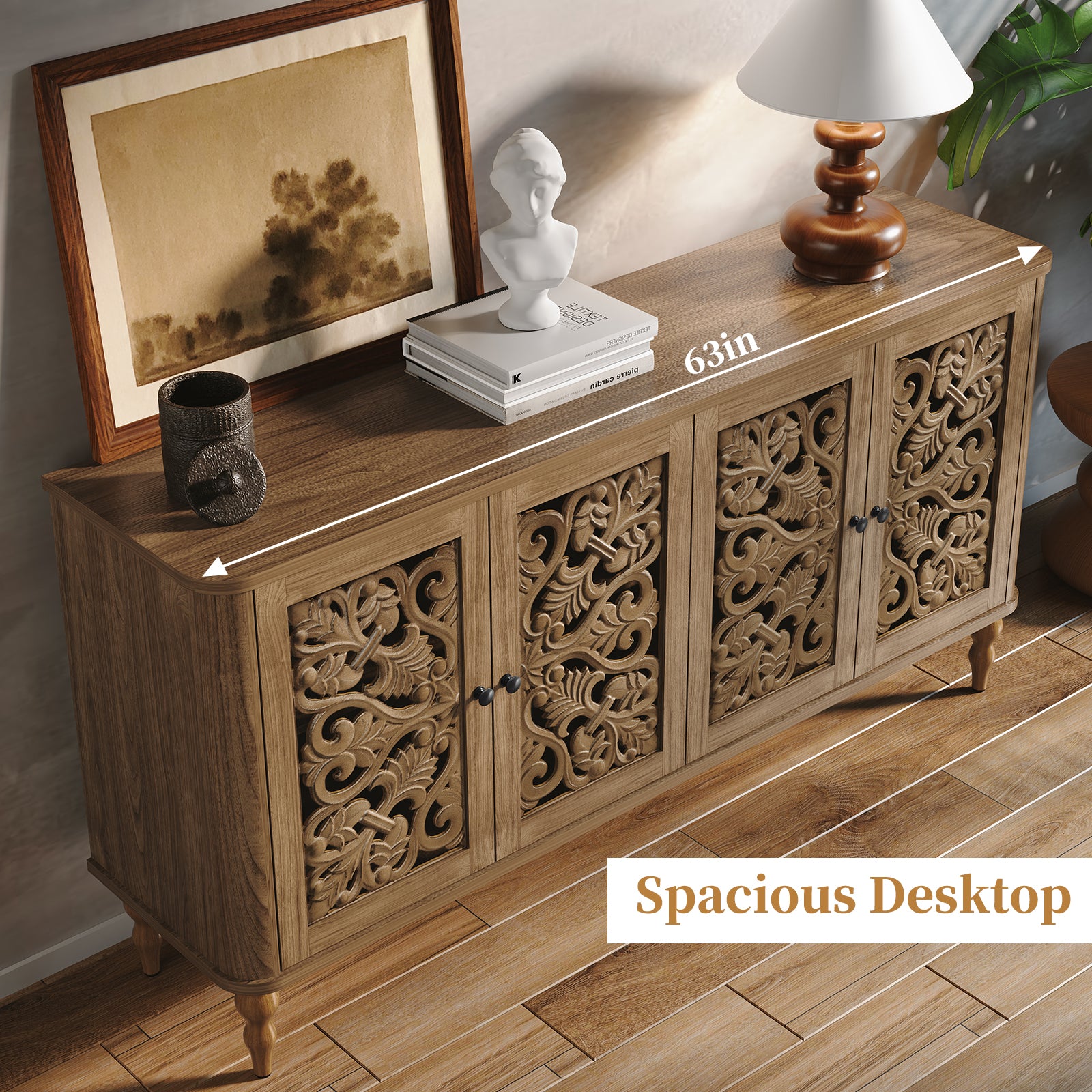 CBJCBJ 63" Retro Arc Carved Sideboard Buffet Cabinet, Wooden Credenza Storage for Dining Room, Brown