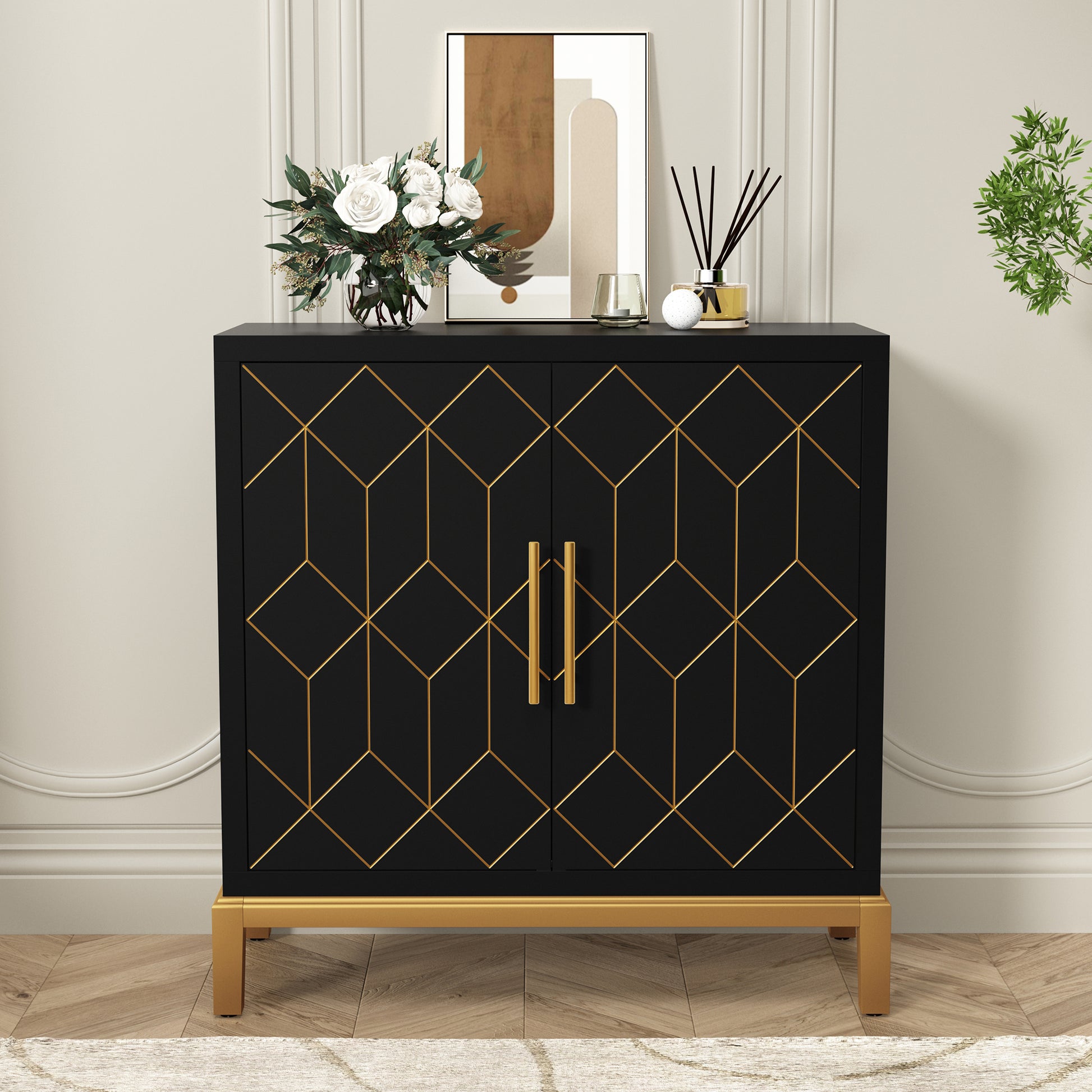 HLR 30.7"W Black Accent Cabinet with 2 Doors, Entryway Cabinet with Gold Trim, Modern Buffet Sideboards