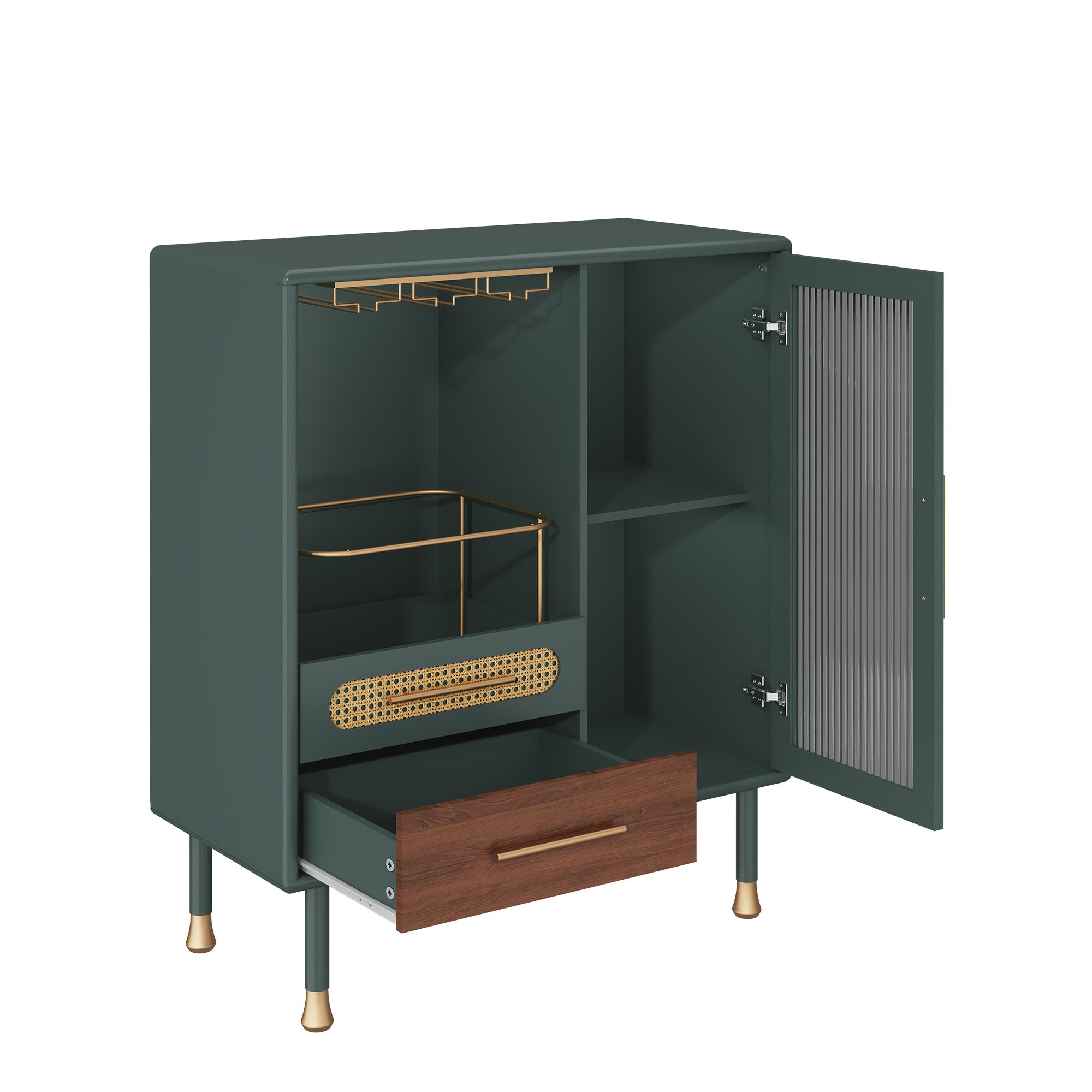 HLR 31.5"W Modern Wine Storage Cabinet with Pull-Out Rack & Tempered Glass Doors – Compact Coffee Bar for Kitchen, Dining Room, Apartment,Green