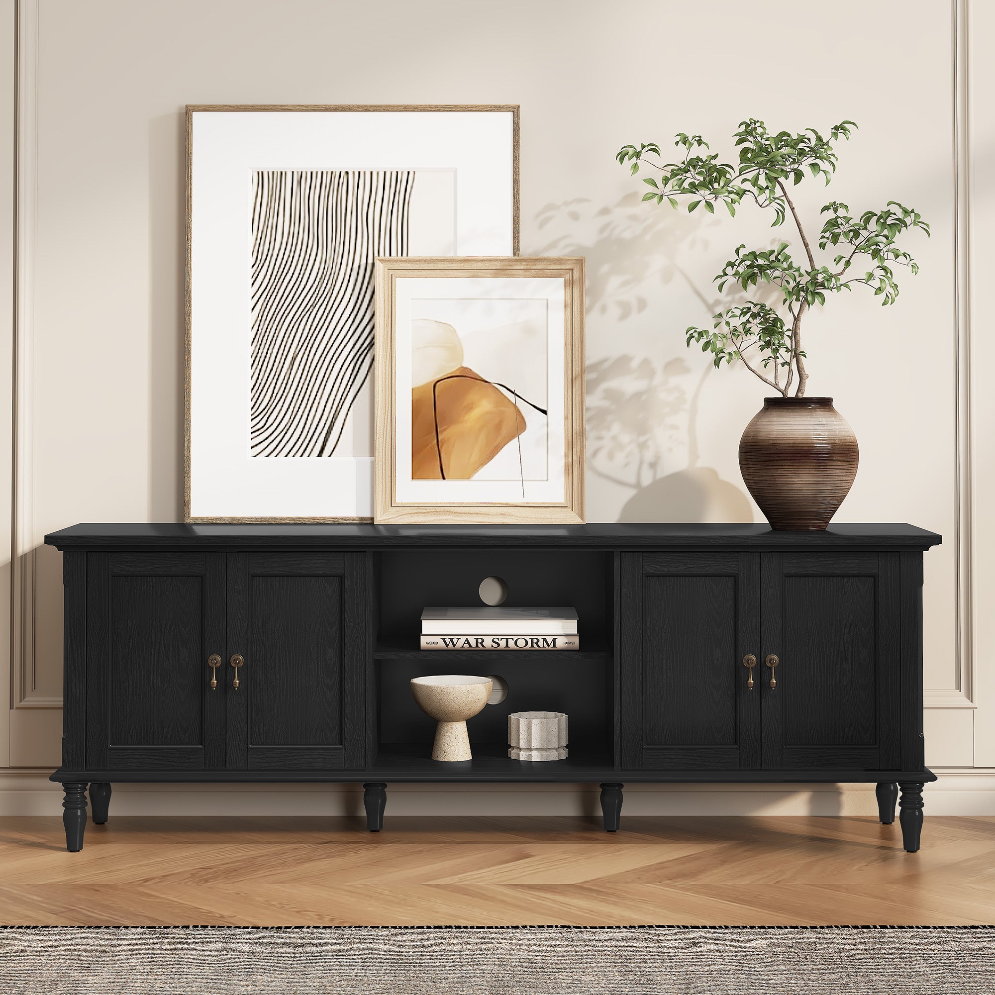 HLR 67" TV Stand, for TVs up to 75", Mid-Century Wood Entertainment Center for Living Room, Black
