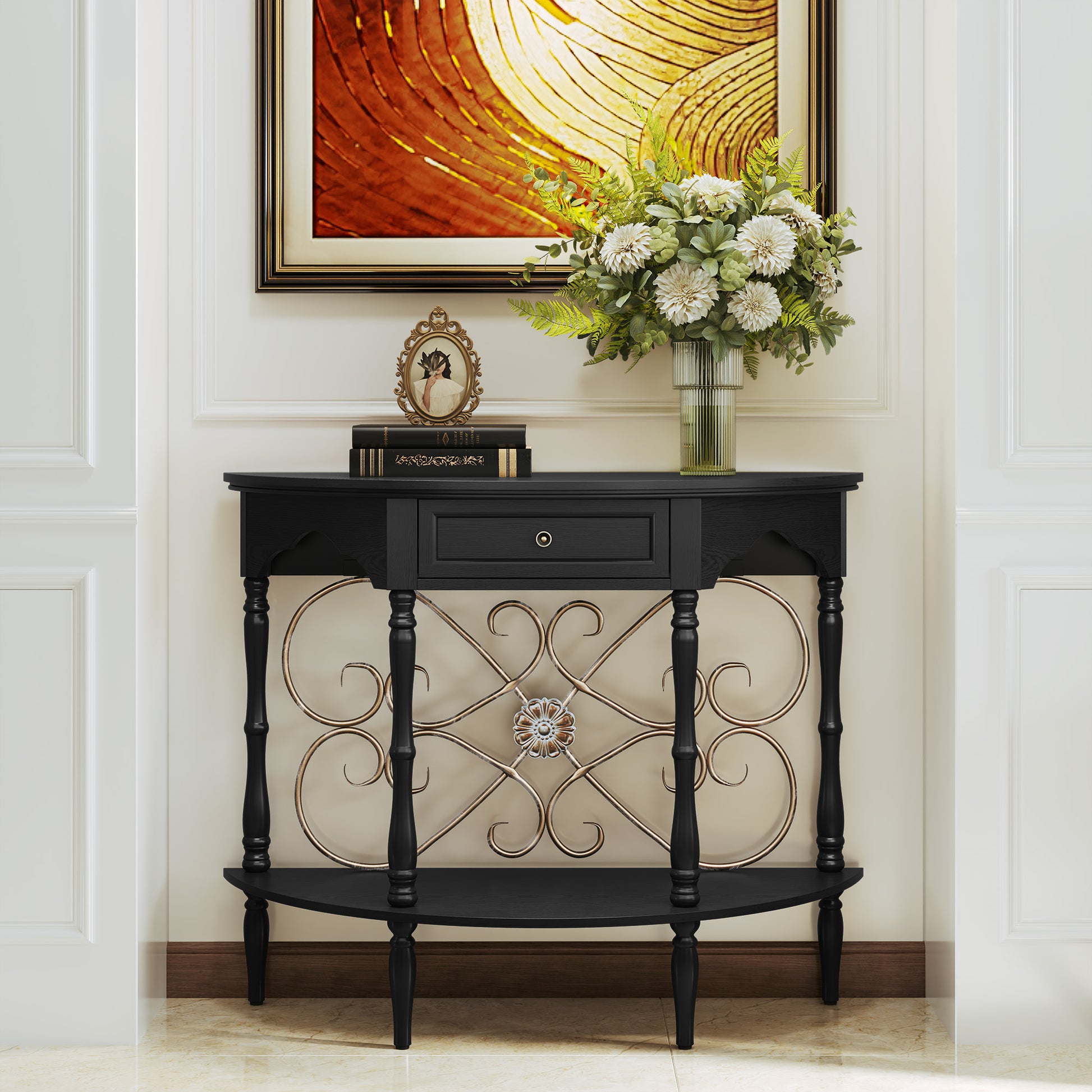 HLR 40" Mid Century Console Table with Drawer, Assembled Entryway Table with Storage for Hallway, Black