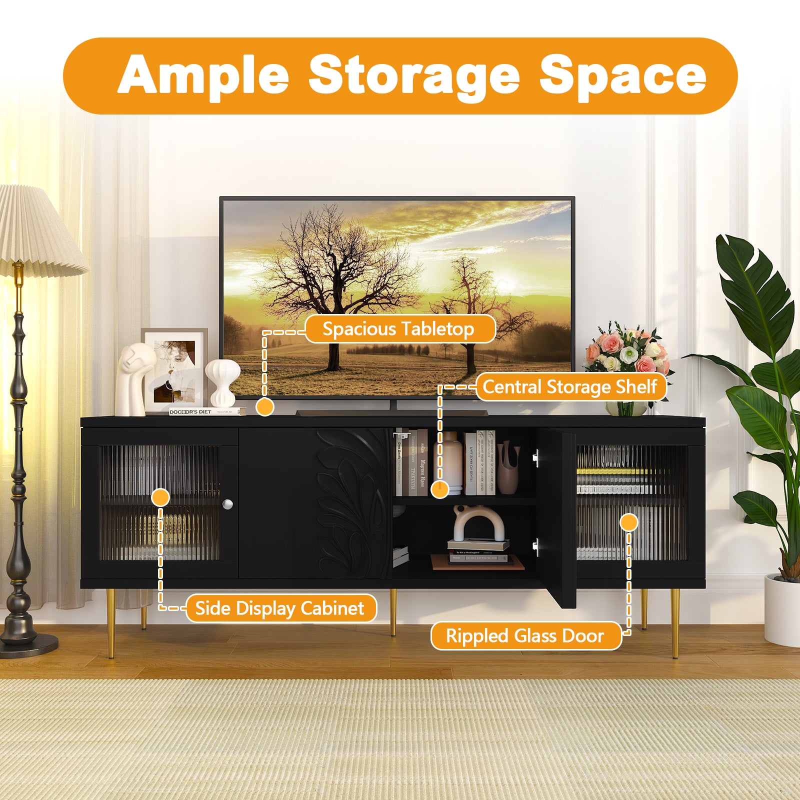 CBJCBJ Modern TV Stand for 70" TV, TV Console Cabinet with Storage, Entertainment Center for Living Room, Black