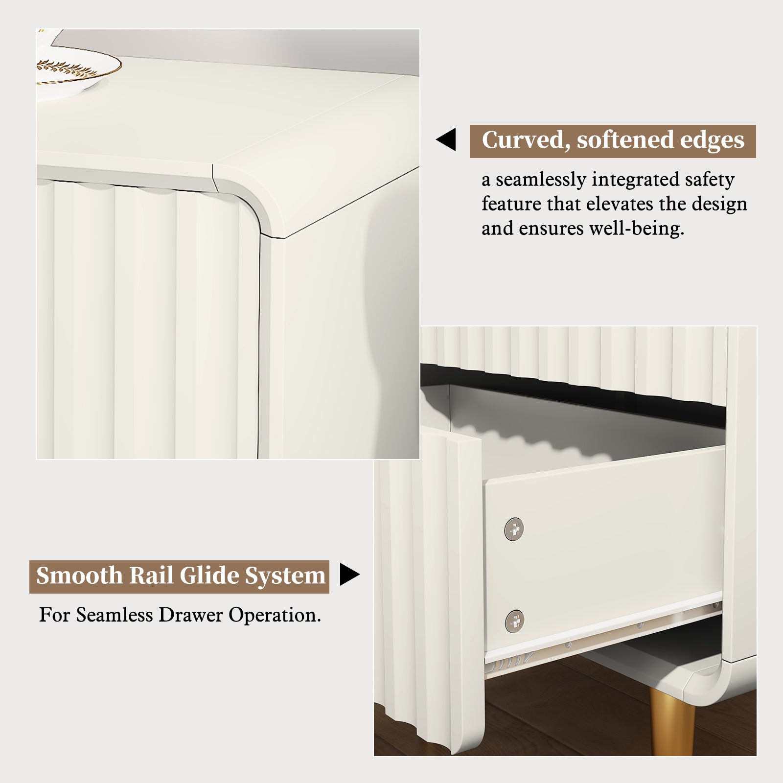 HLR 20" Modern Fluted White Nightstand Set of 2, Wood Bedside Table with 2 Drawers & Gold Metal Handles