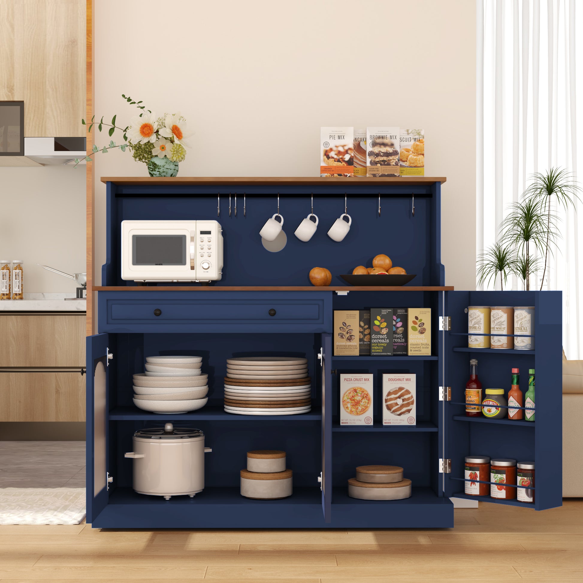 CBJCBJ 48" Modern Wood Kitchen Pantry Cabinet, Coffee Bar with Drawer & Microwave Stand, Dining Room,Blue