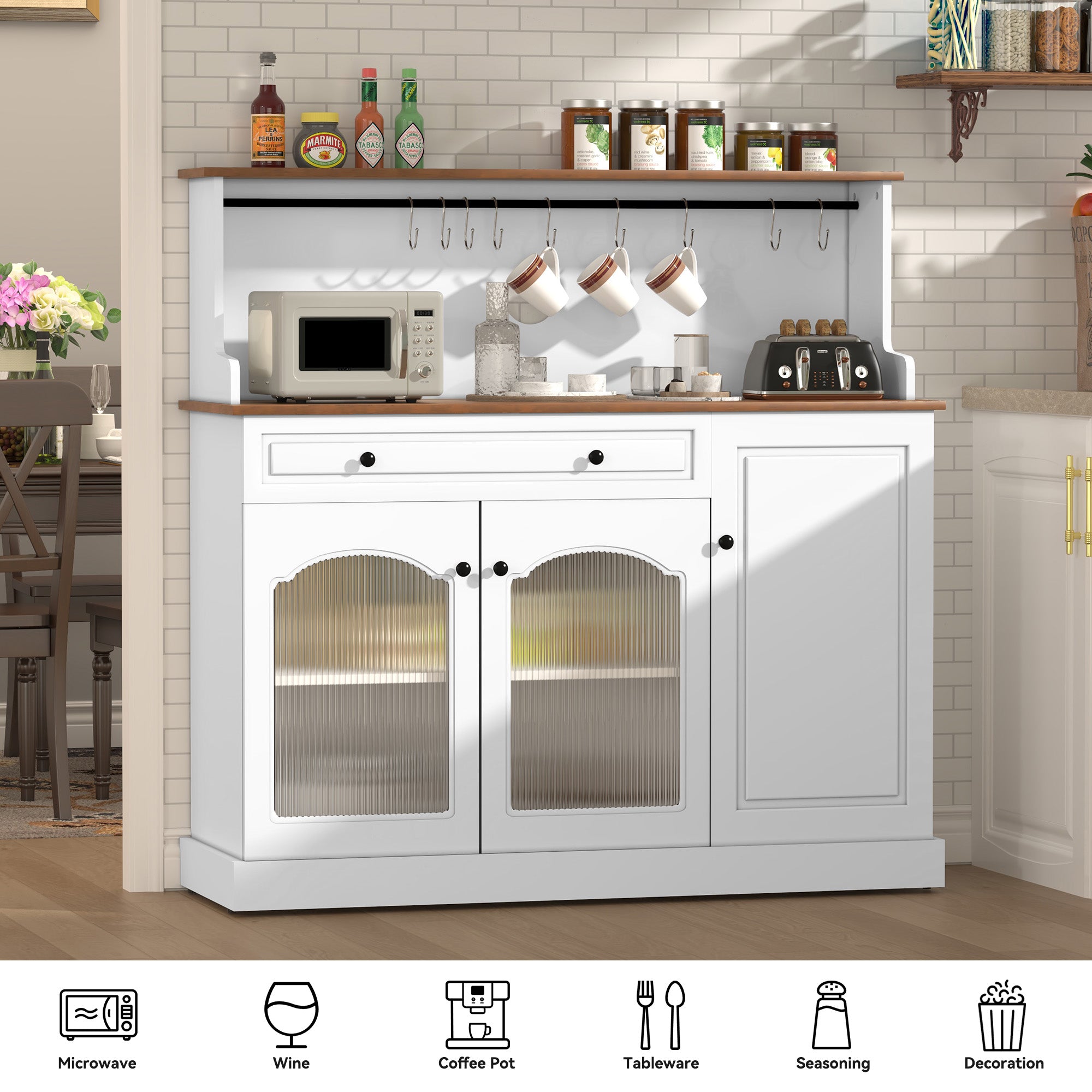 HLR 48" Modern Wood Kitchen Pantry Cabinet, Coffee Bar with Drawer & Microwave Stand, Dining Room, White