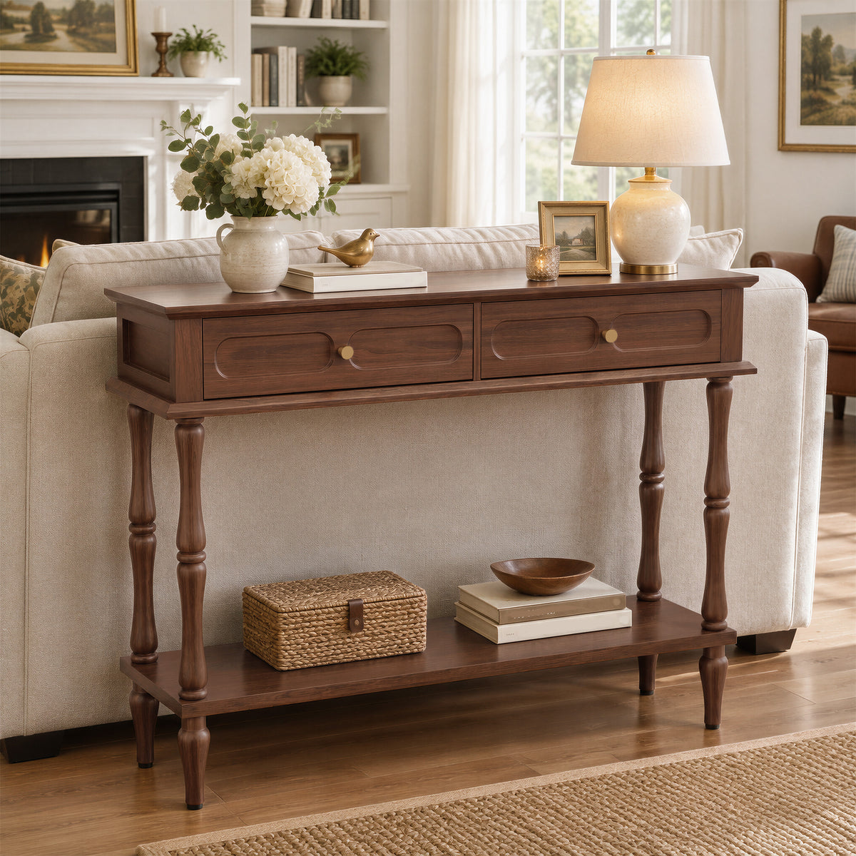 HLR 41" Mid Century Console Tables, Entryway Tables with 2 Drawers, 10 Mins Assembly, Brown