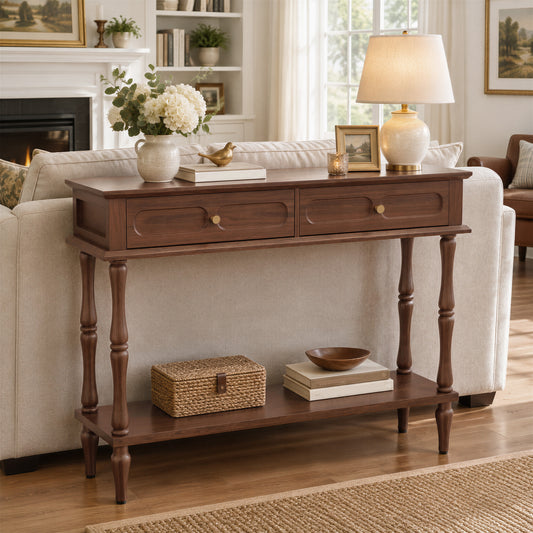 HLR 41" Mid Century Console Tables, Entryway Tables with 2 Drawers, 10 Mins Assembly, Brown