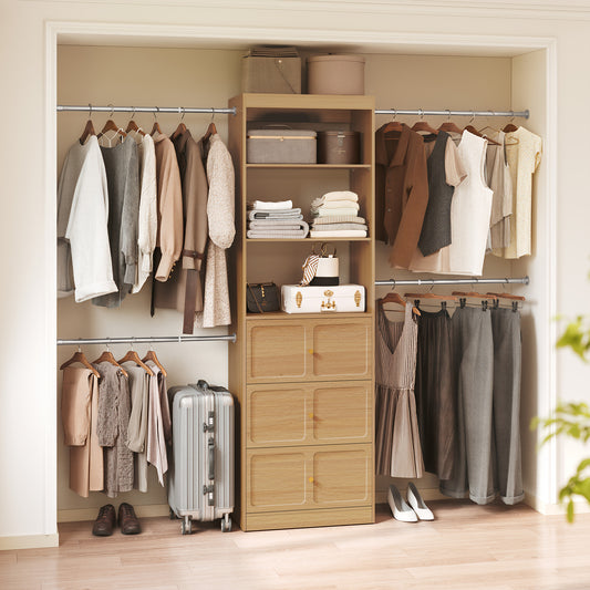 CBJCBJ Wood Closet Organizer System with 3 Drawers, 4 Hanging Rods, Wardrobe Clothes Rack for Bedroom,Wood