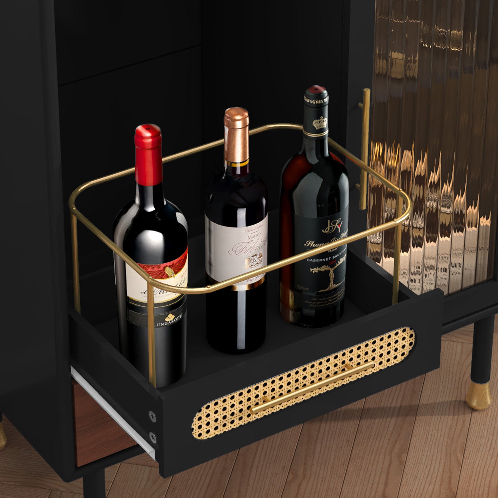 HLR 31.5"W Modern Wine Storage Cabinet with Pull-Out Rack & Tempered Glass Doors – Compact Coffee Bar for Kitchen, Dining Room, Apartmen, Black
