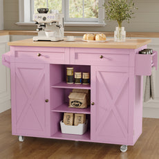 HLR 51.7" W Rolling Kitchen Islands Cart, Adjustable Shelves, Breakfast Bar, Storage Cabinets,Pink