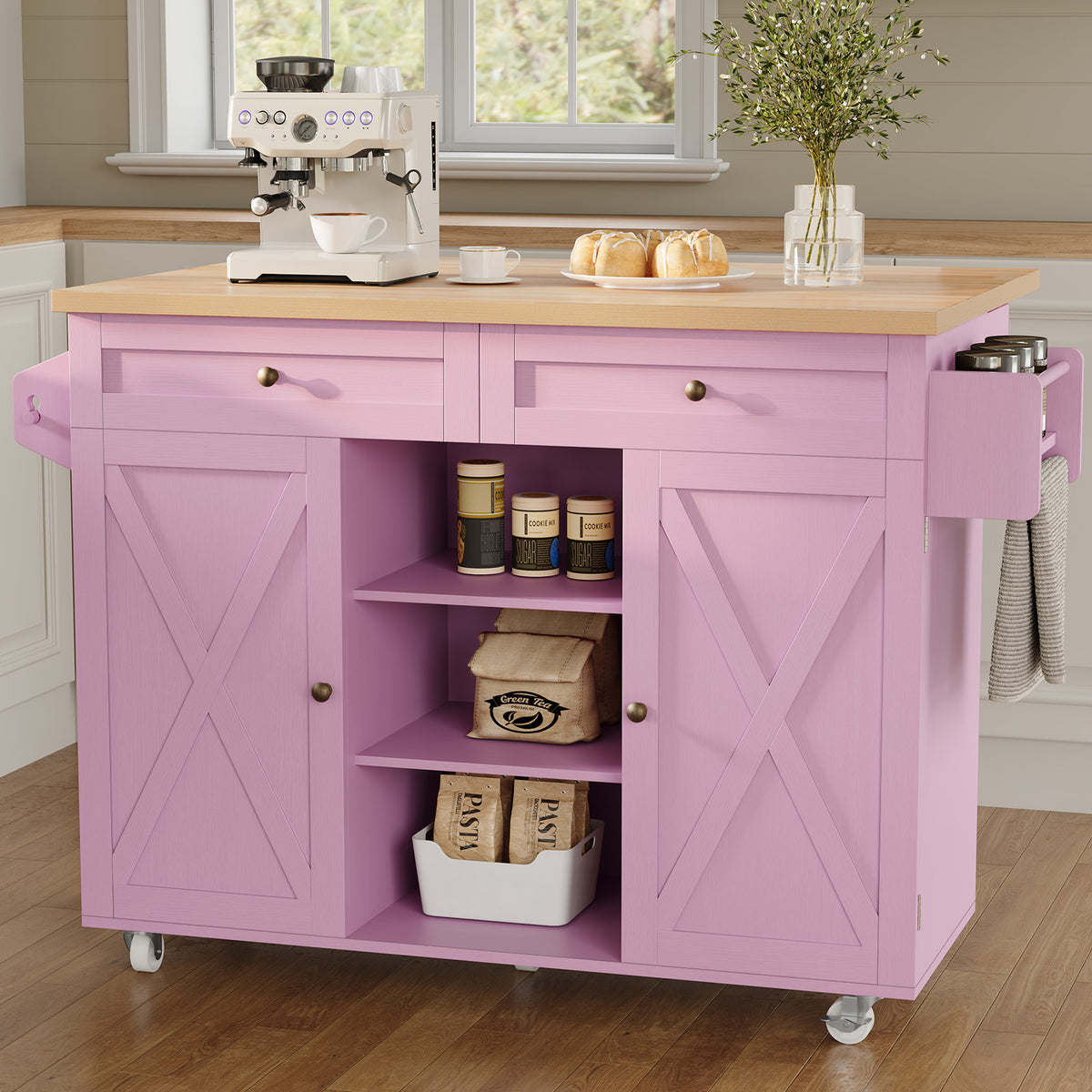 HLR 51.7" W Rolling Kitchen Islands Cart, Adjustable Shelves, Breakfast Bar, Storage Cabinets,Pink